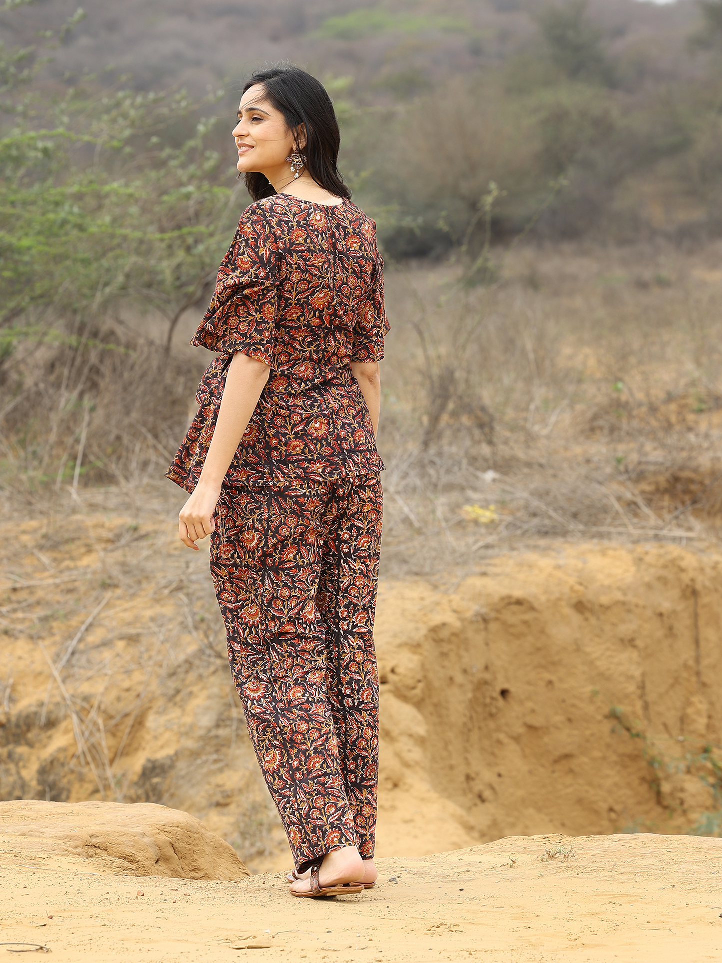 Black Kalamkari Printed Frilled Sleeve Cotton Co-ord Set