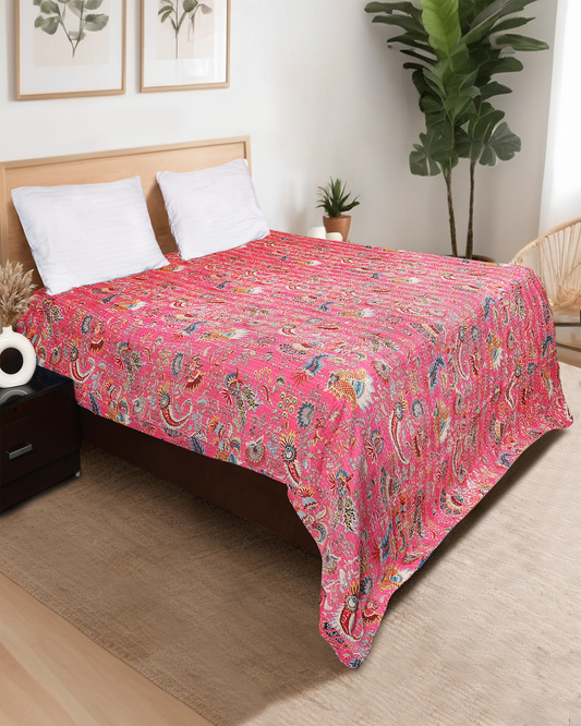 Handblocked Printed Hand Kantha Double Bed Dohar/Bed Cover