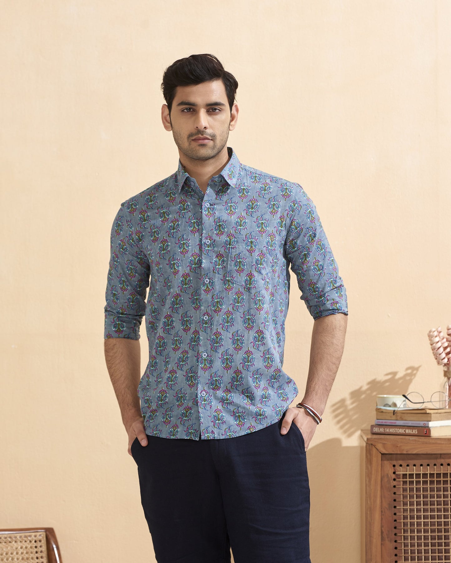 Blue Cotton Handblocked Printed Shirt