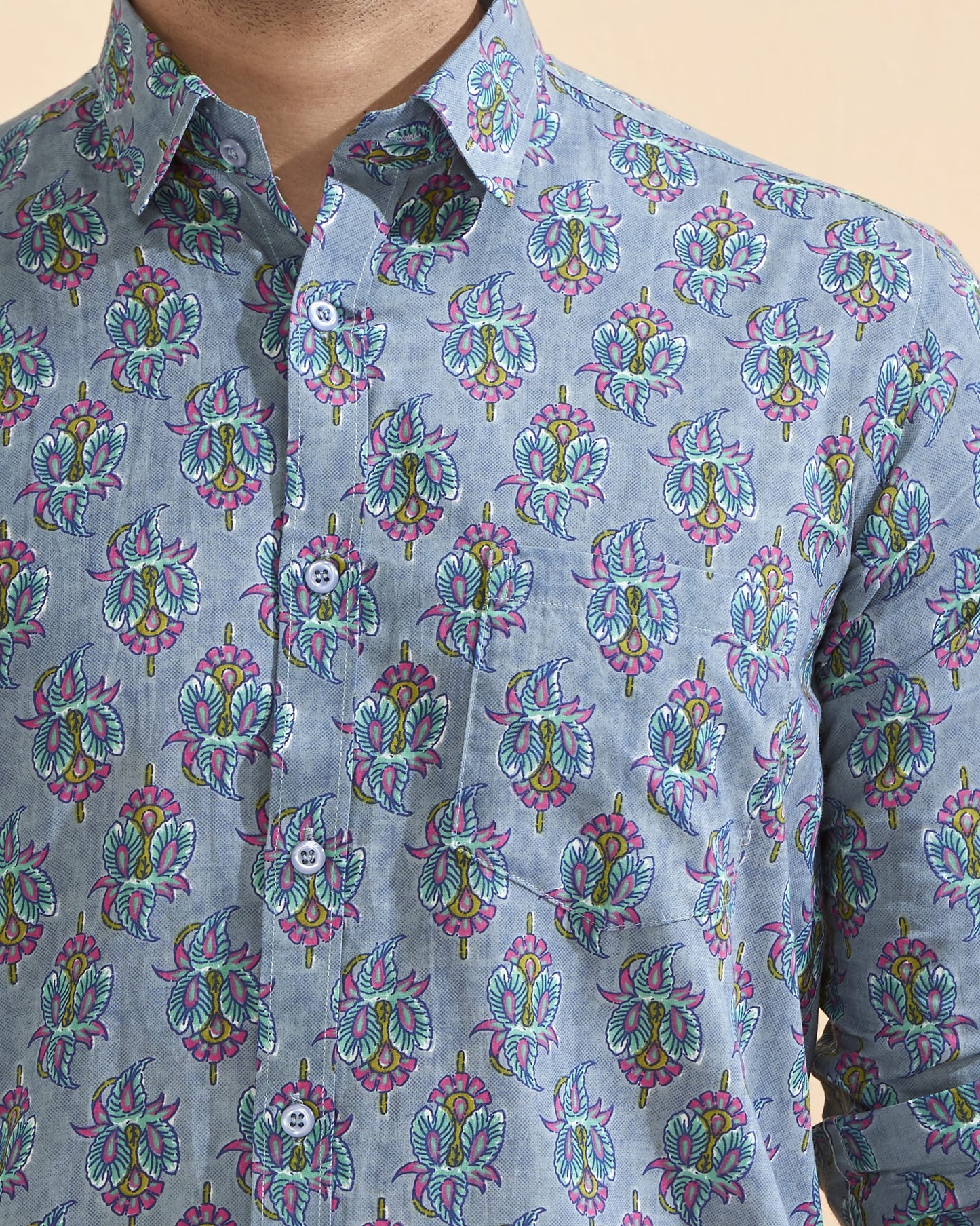 Blue Cotton Handblocked Printed Shirt