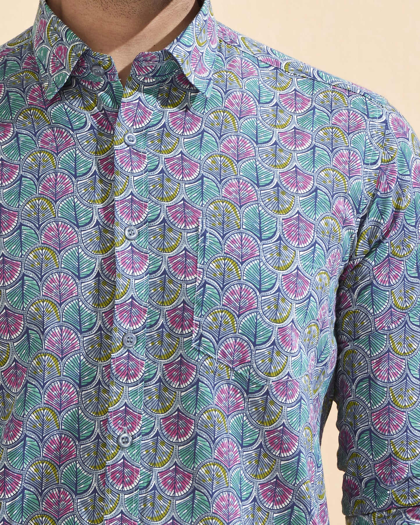 Blue Cotton Handblocked Printed Shirt