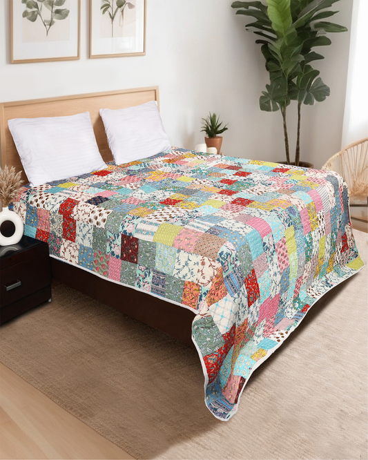 White Patchwork Hand blocked Printed Hand Kantha Double Bed Dohar/Bed Cover