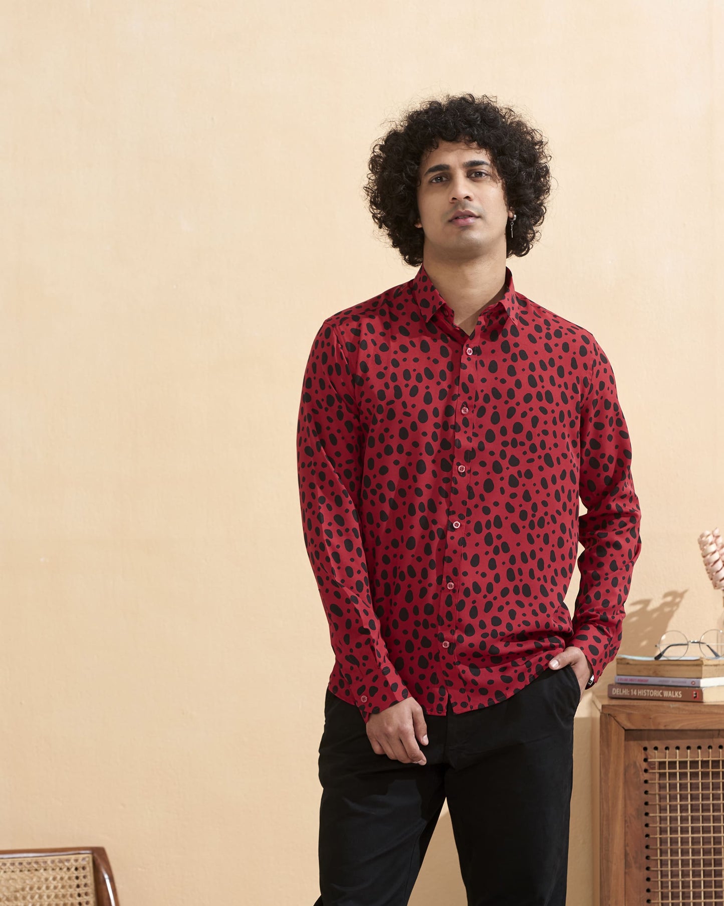 Red Crape Casual Printed Shirt