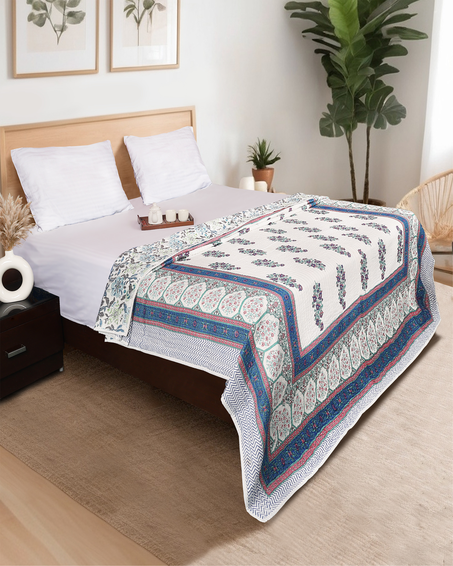 Blue Hand blocked Printed Reversible Double Bed Quilt