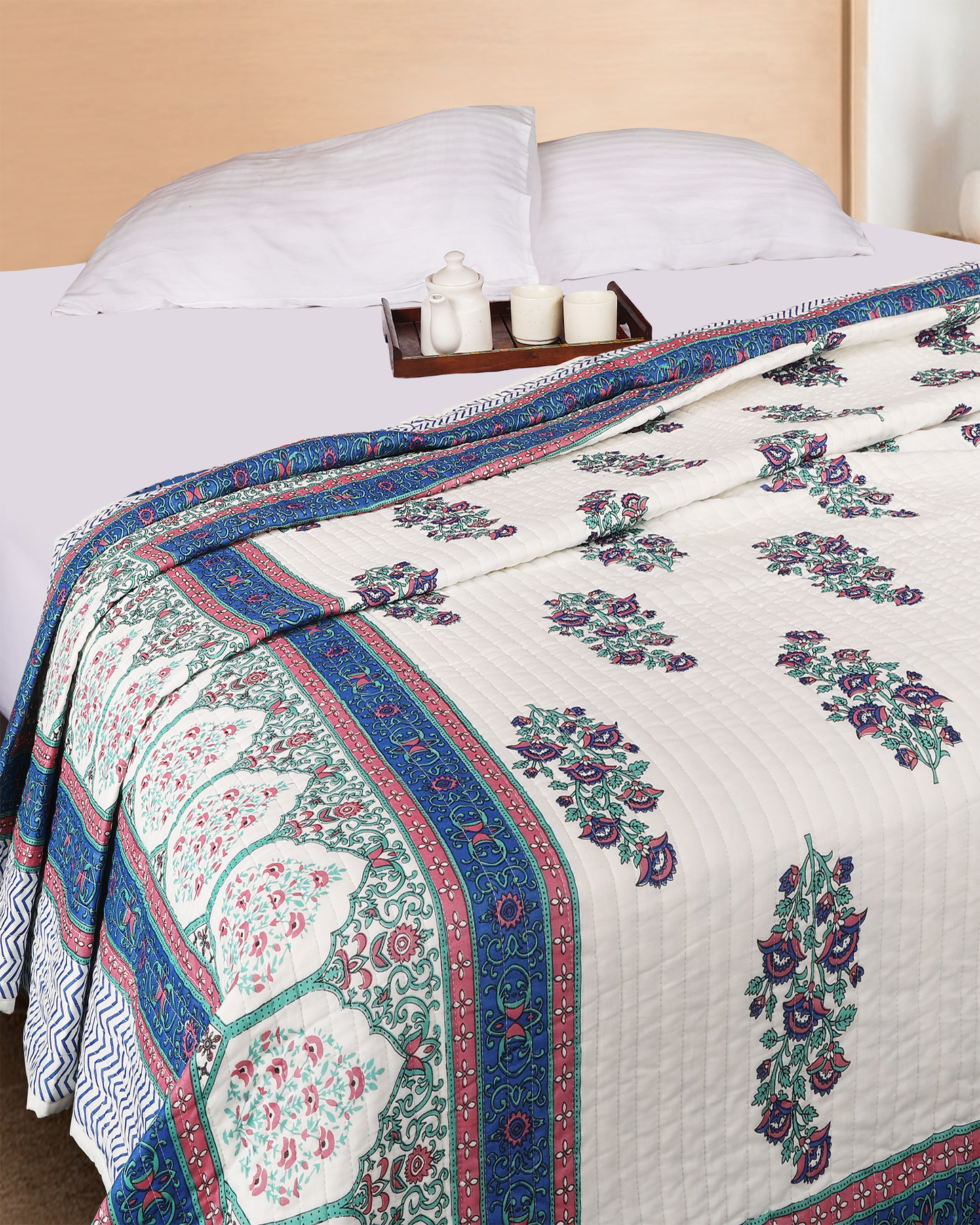 Blue Hand blocked Printed Reversible Double Bed Quilt