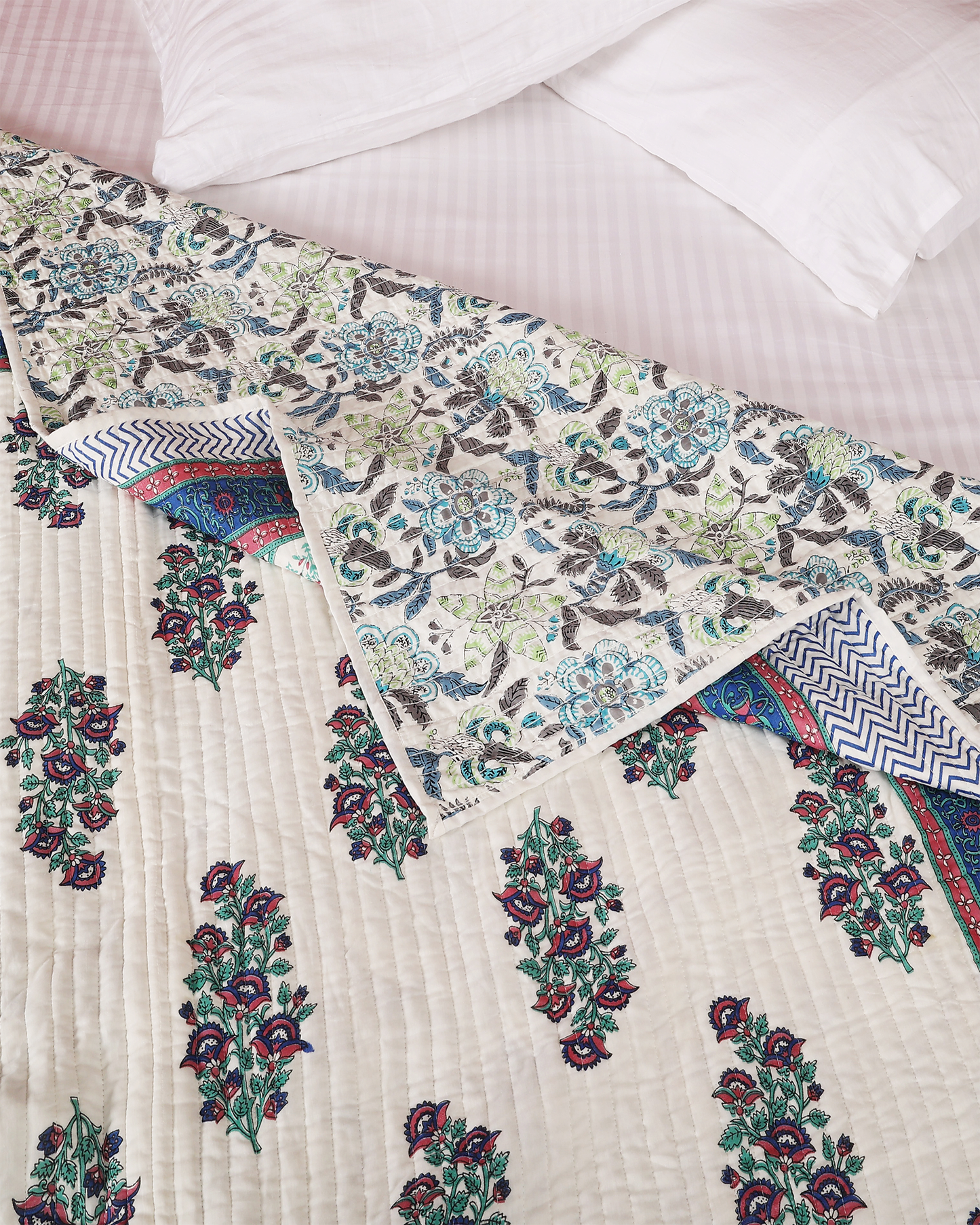 Blue Hand blocked Printed Reversible Double Bed Quilt