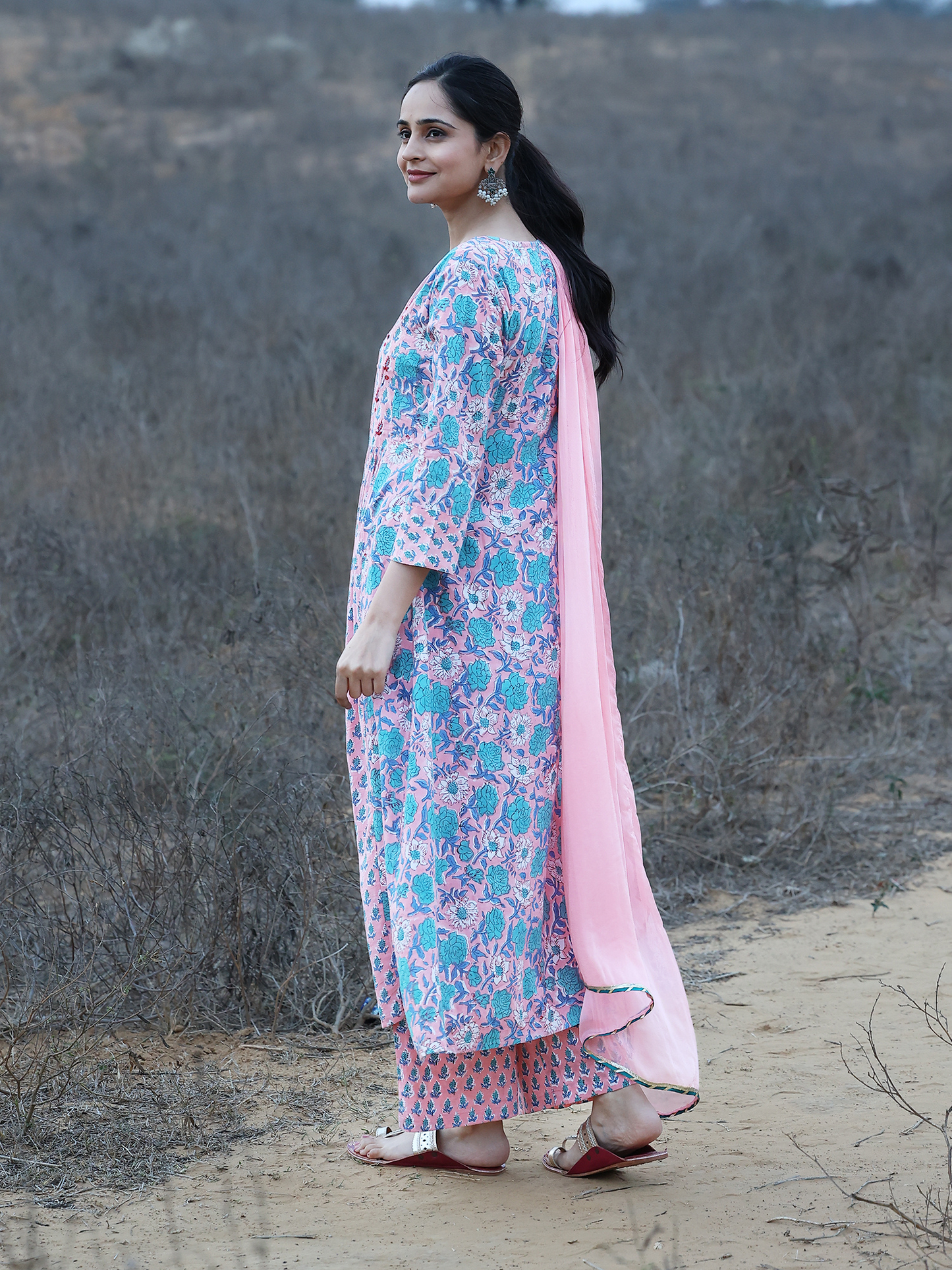 Handblocked Printed A-Line Kurta Set with Thread Embroidery at Yoke