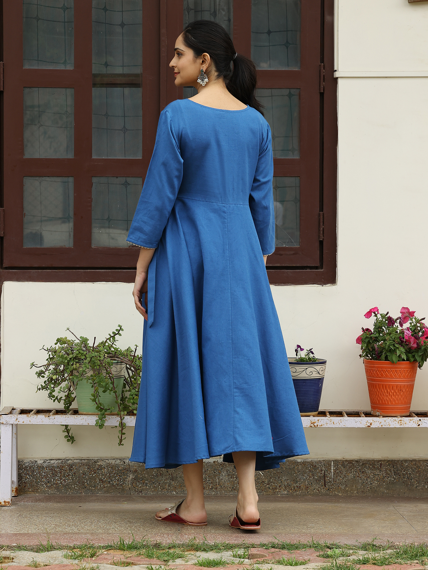 Royal Blue Solid Flared Dress with Bow