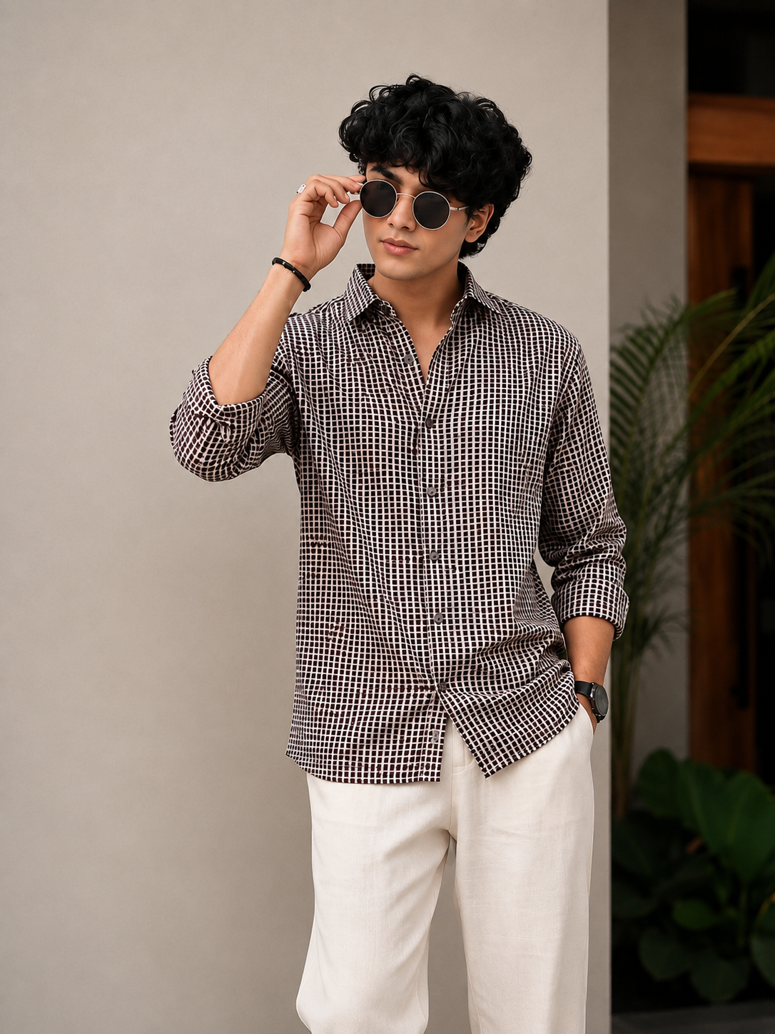 Full Sleeve Checkhered Printed Mens Cotton Shirt (Baige)