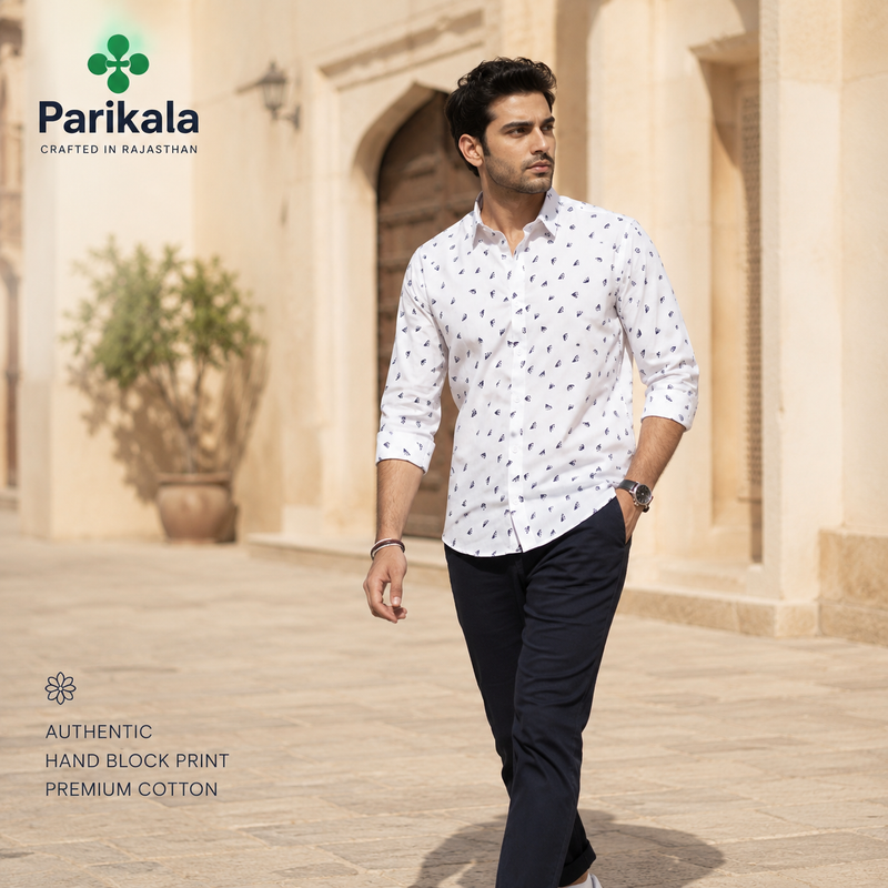 Full Sleeves White Crepe Casual Printed Men's Shirt
