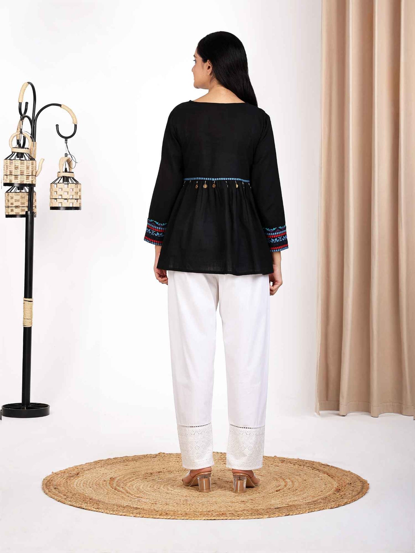 Black Jacquard Weave Peplum Top for Women Round V Neck