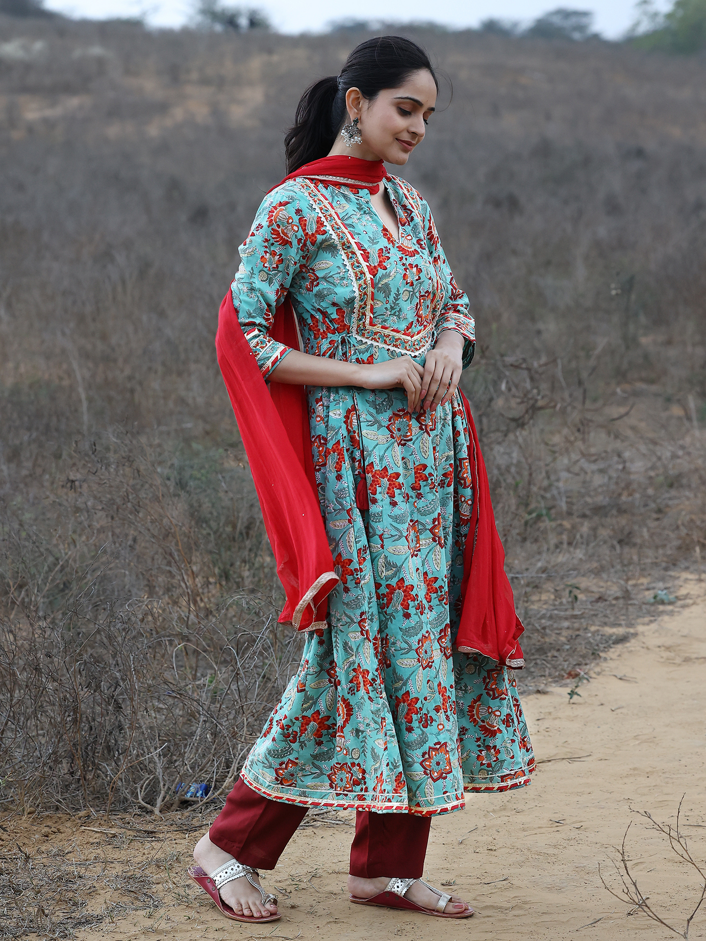 Sea Green Hand Block Cotton Printed Sea Green Anarkali Kurta Set