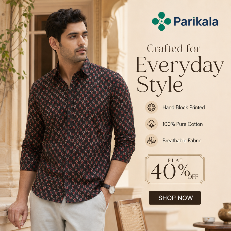 Black Full Sleeve Cotton Hand Block Printed Men's Shirt