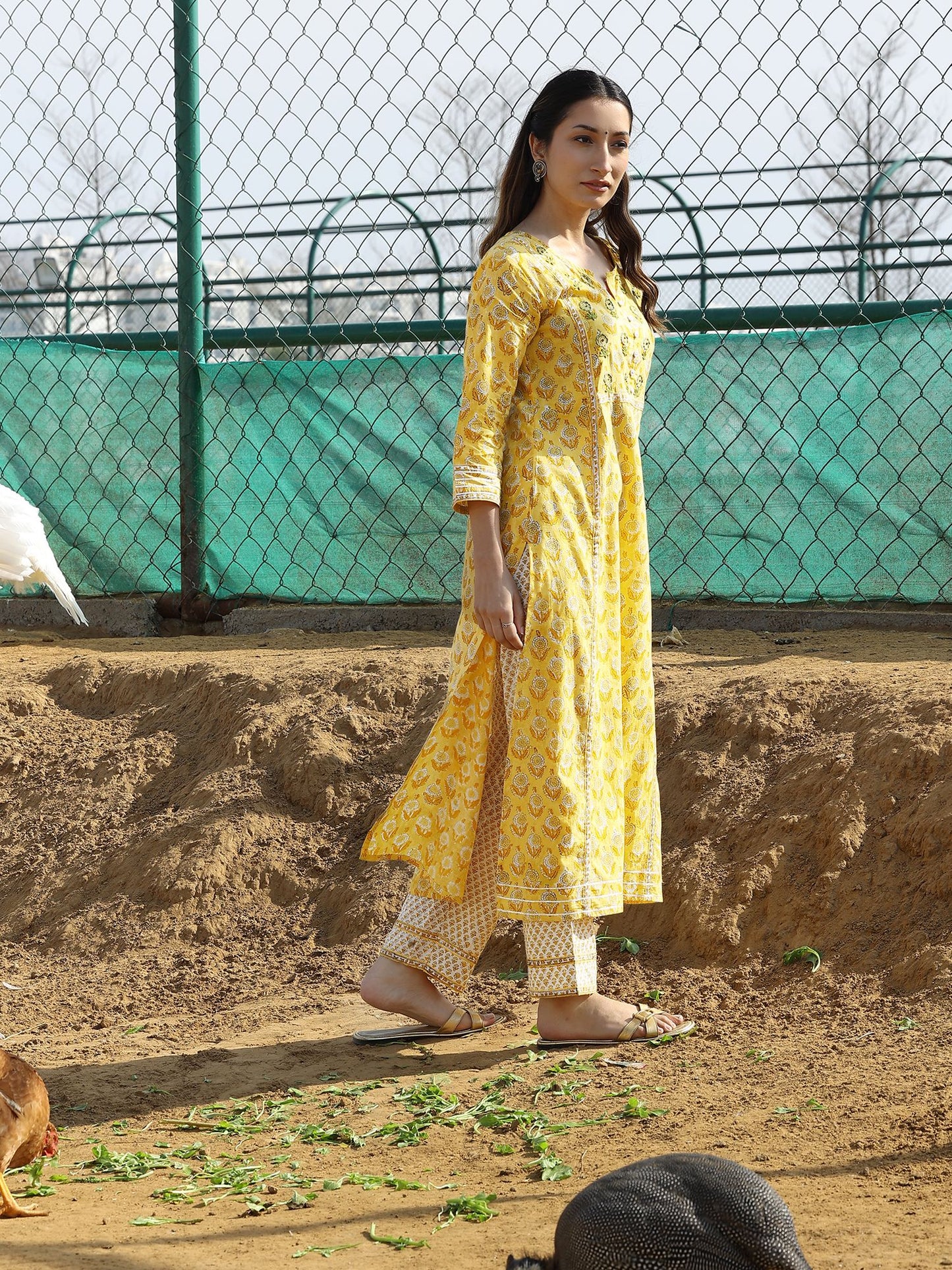 Yellow Handblocked Bagru Printed Cotton Kurta Set with Dupatta