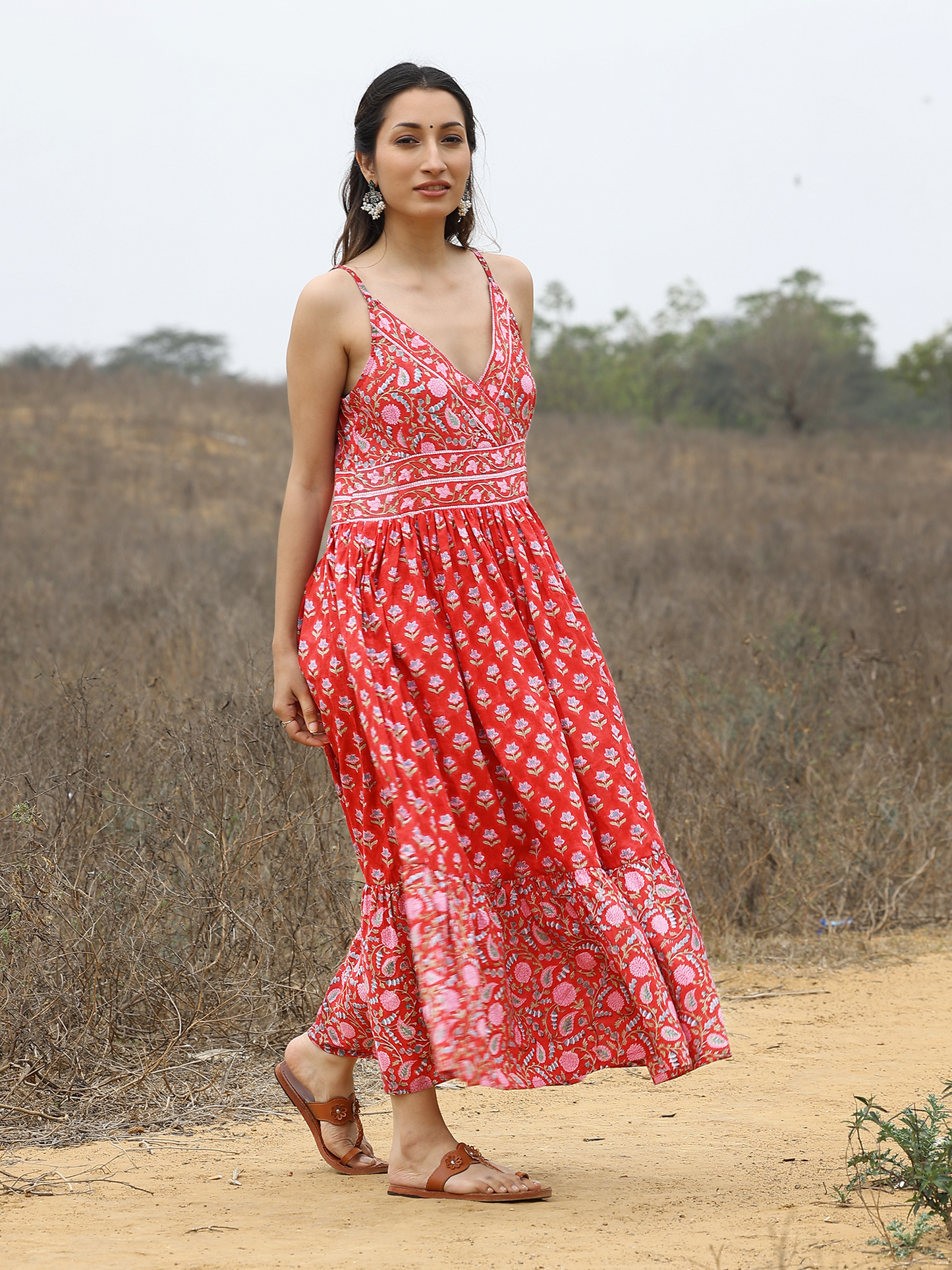 Red Kalamkari Printed Dress