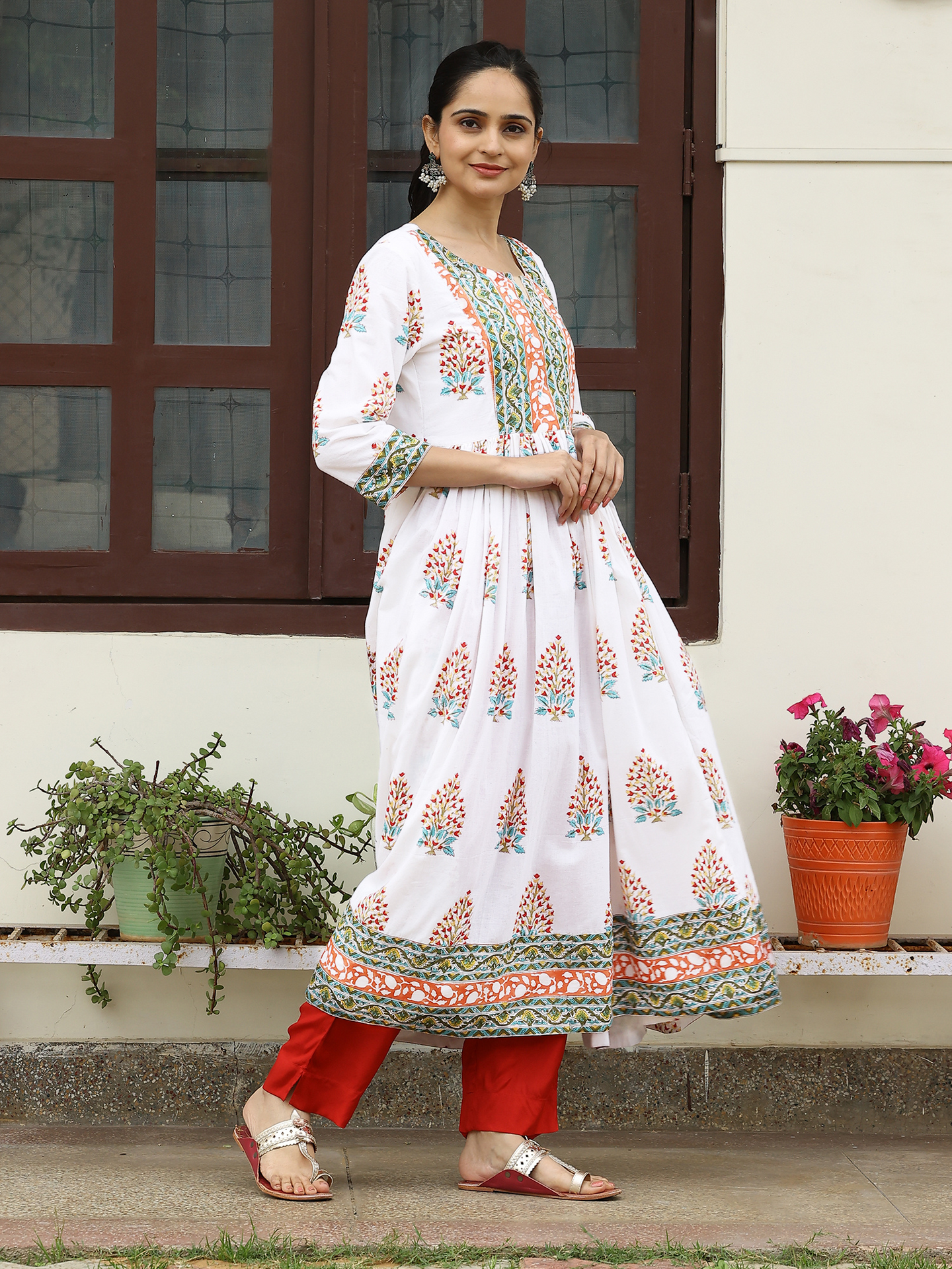 White Hand Block Printed Cotton Anarkali Kurta Round Neck