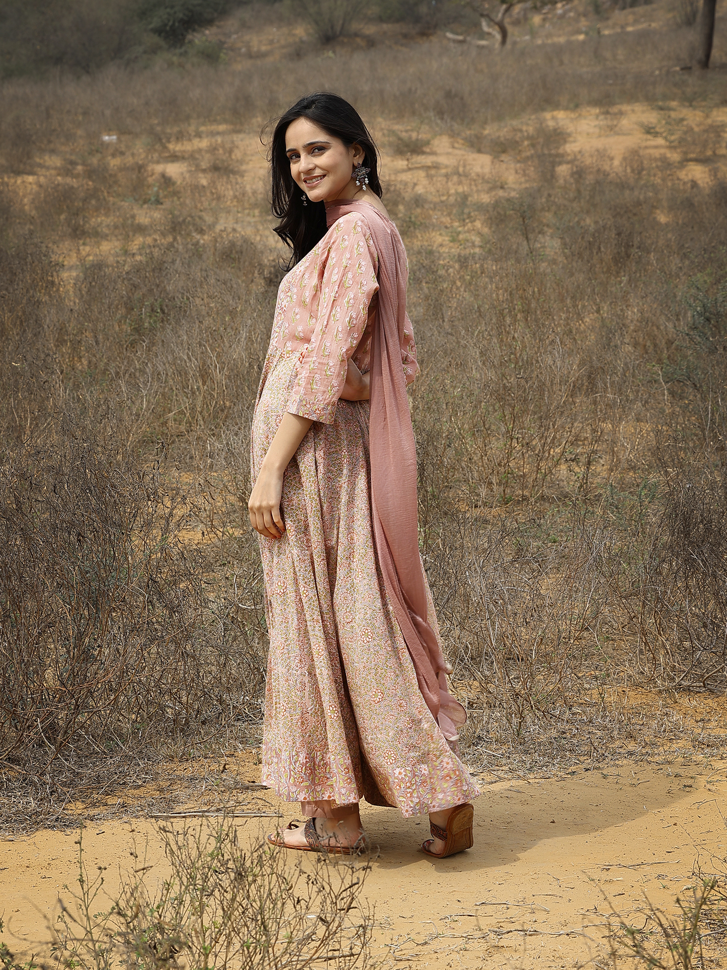 Light Brown Hand Block Cotton Printed Anarkali Kurta Set with Pant & Shiffon Dupatta