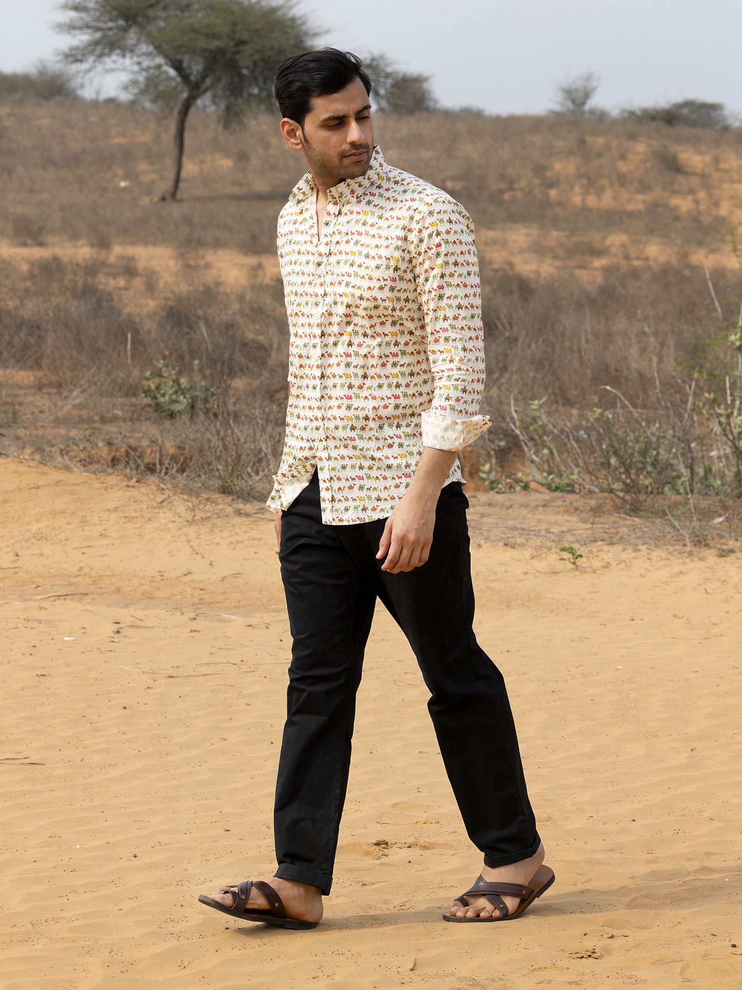 Full Sleeve HandBlocked Camel Printed Mens Cotton Shirt (Off White)