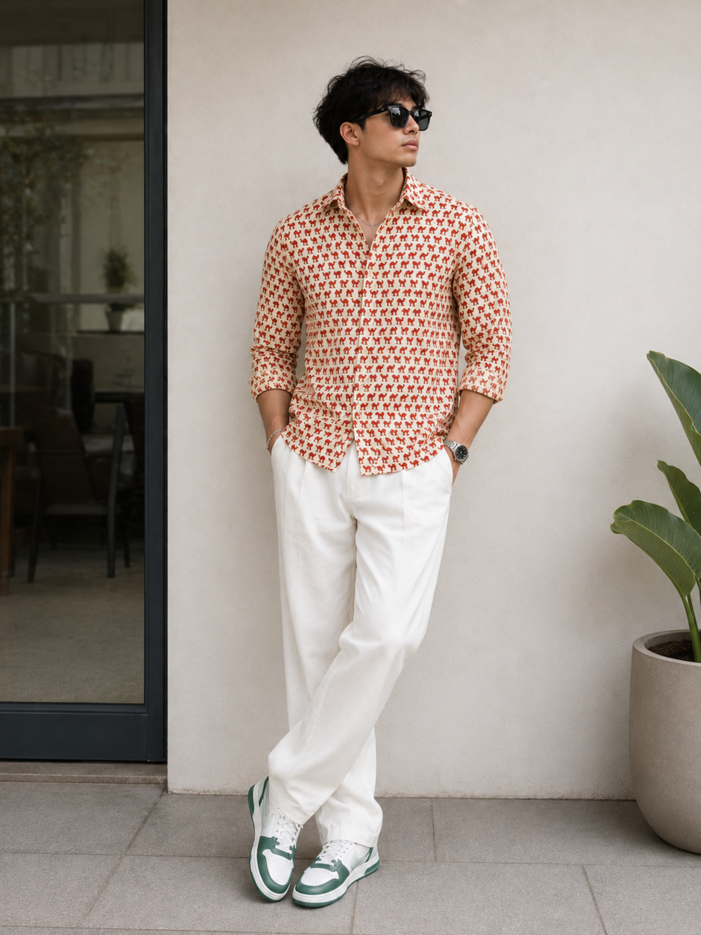 Full Sleeve Hand Block Camel Printed Mens Cotton Shirt (Red)