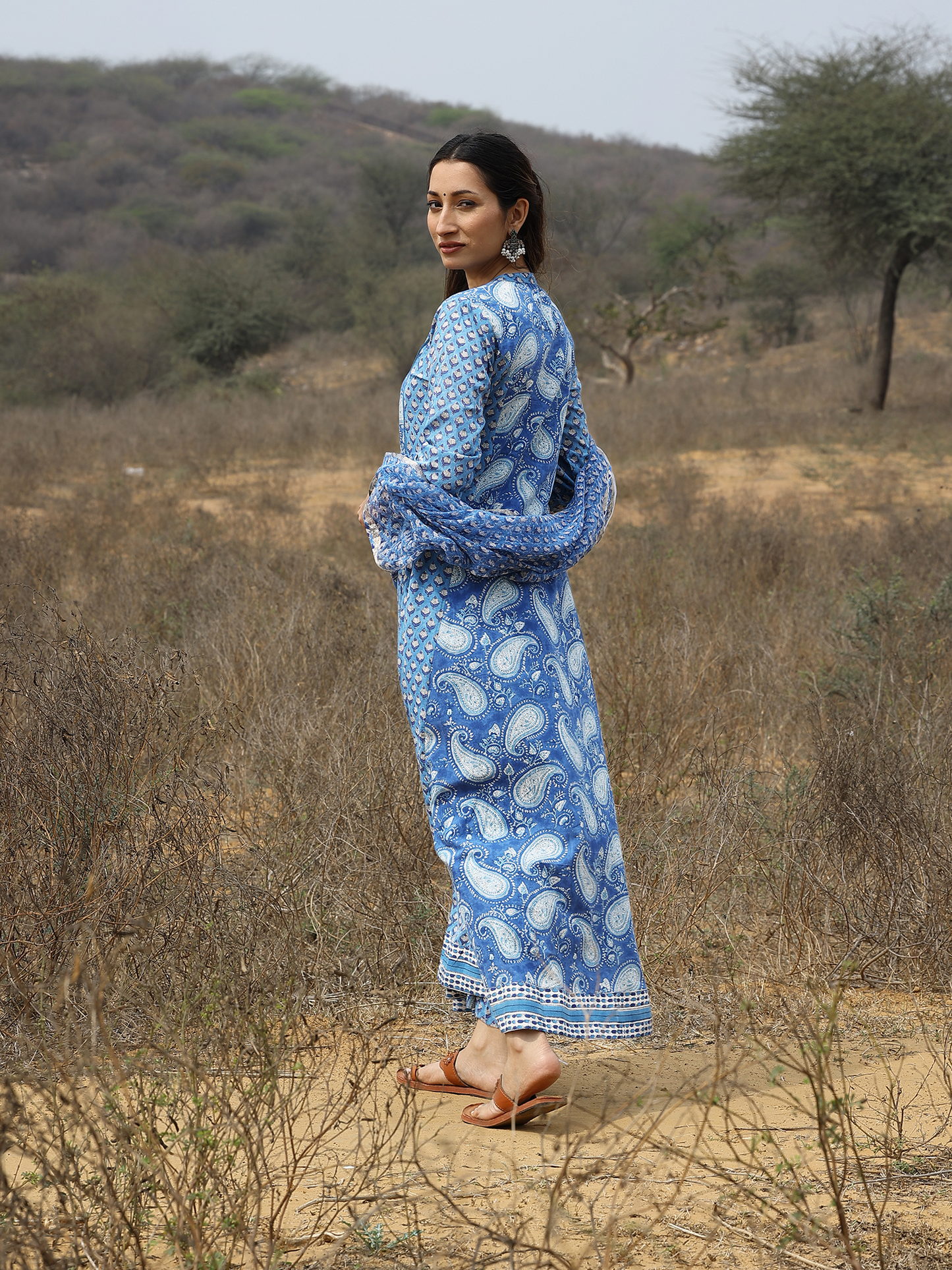 Blue Cotton Hand Block Printed Anarkali Kurta Set with Sequin Work & Kota Doriya Dupatta