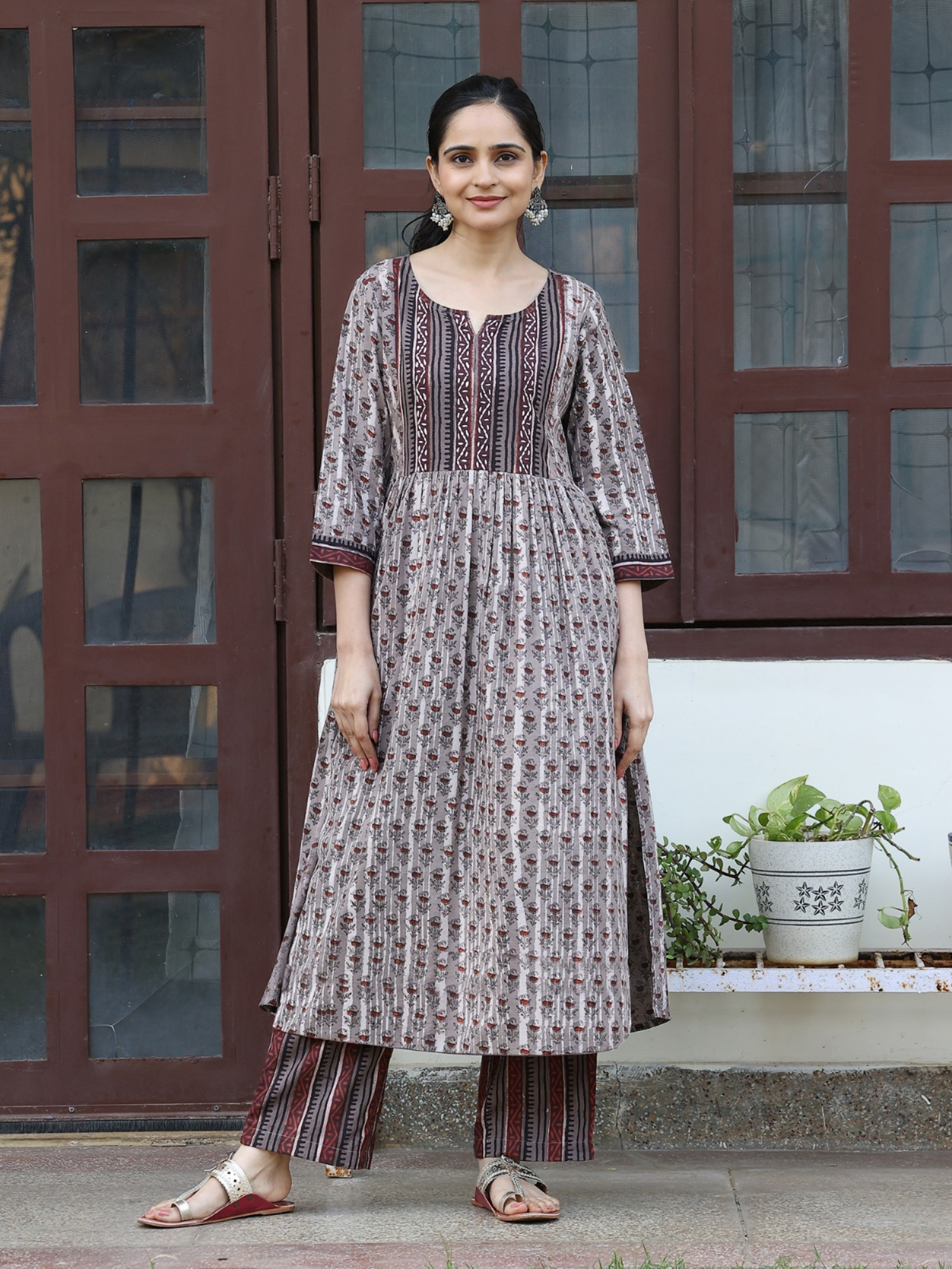 Beige Hand Block Printed A-Line Kurta Set with Thread Embroidery at Yoke