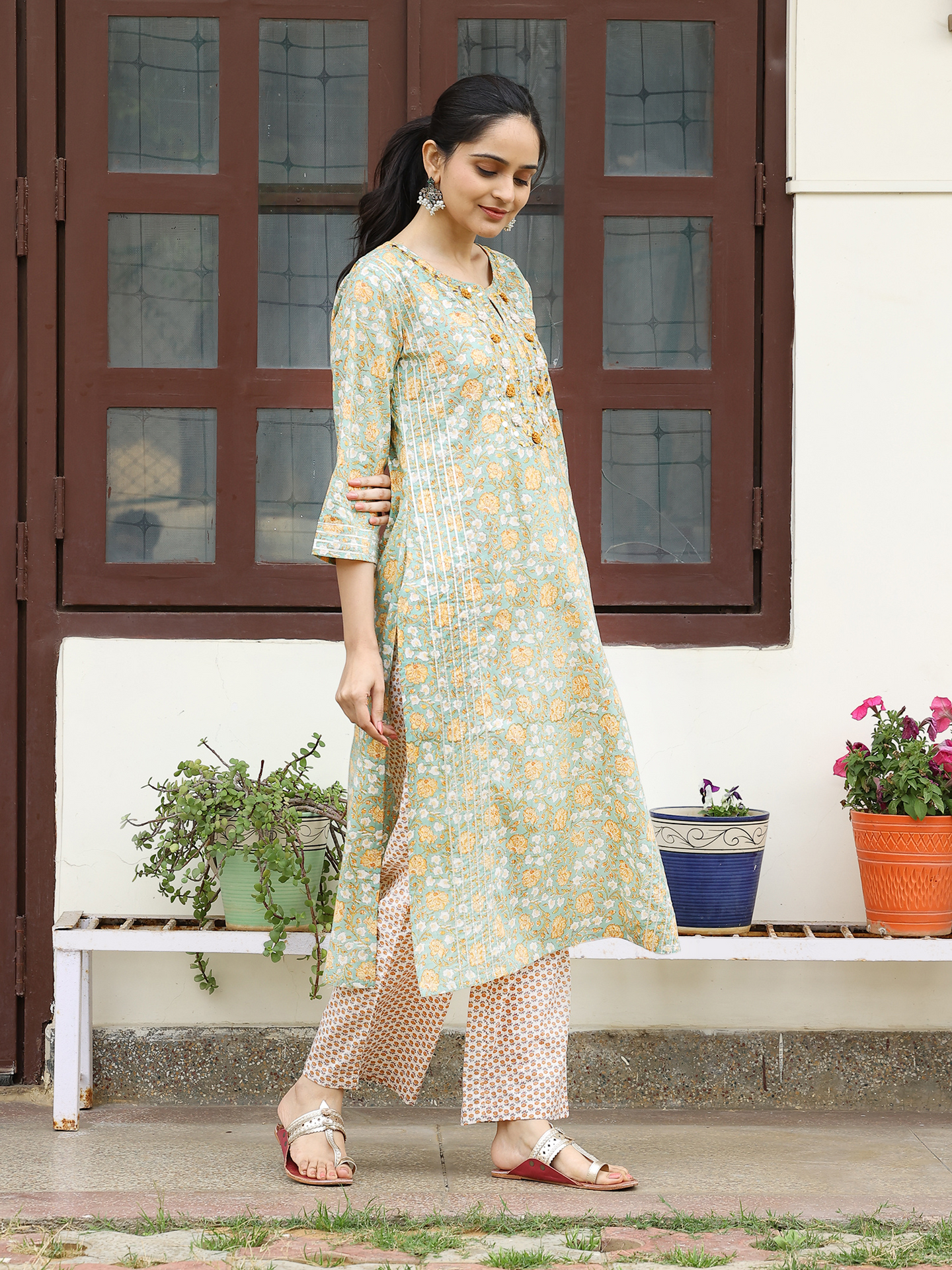 Light Green Hand Block Printed Straight Kurta Set with Thread Embroidery & Mirror Work