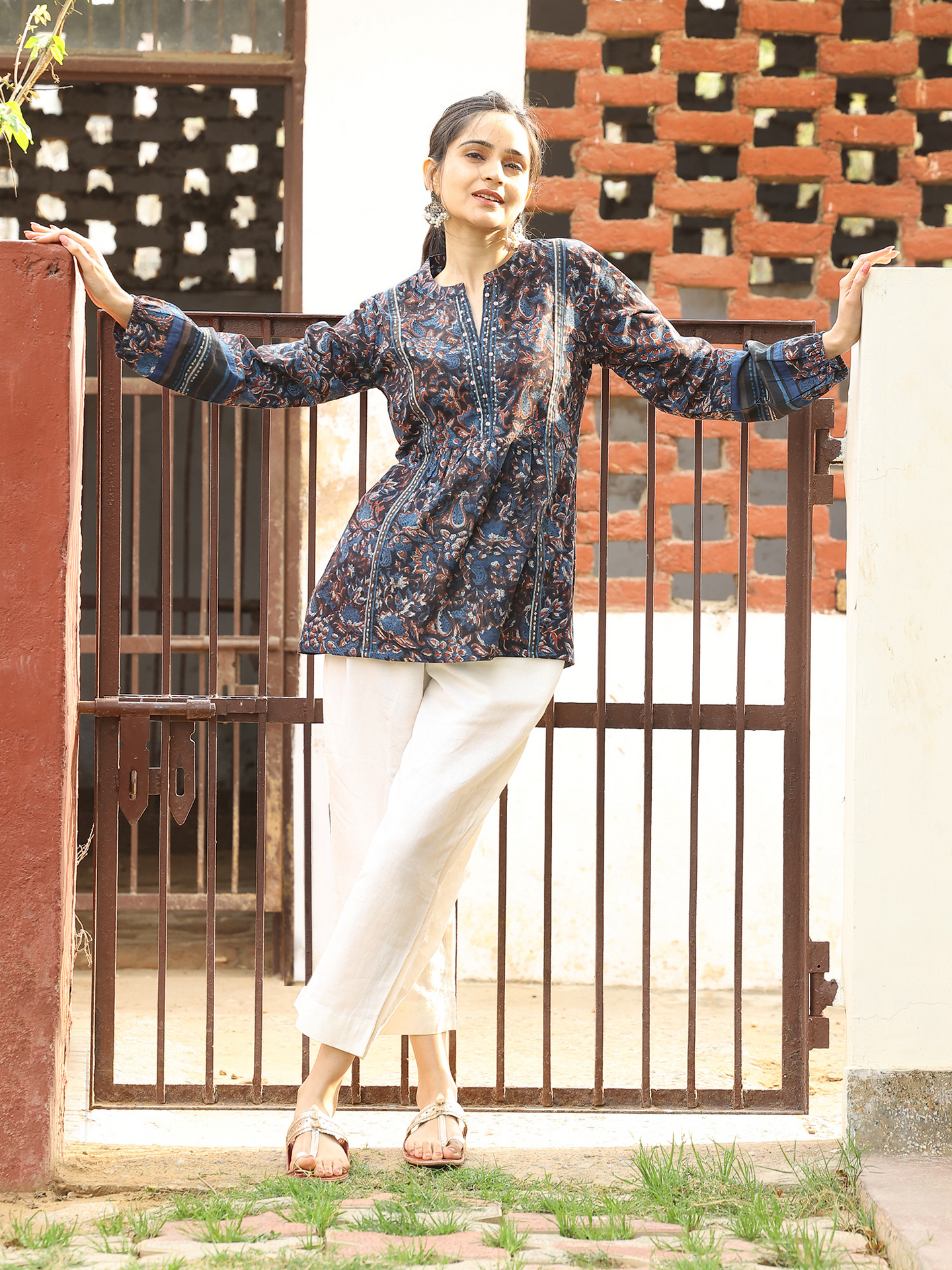 Blue Hand Block Dabu Printed Round Neck Cotton Top