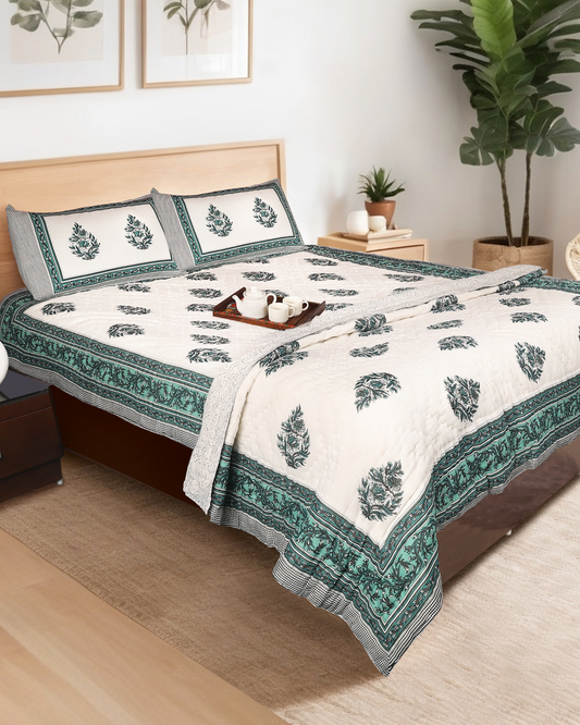 Hand Block Printed Reversible Double Bed Hand Quilting Quilt Set