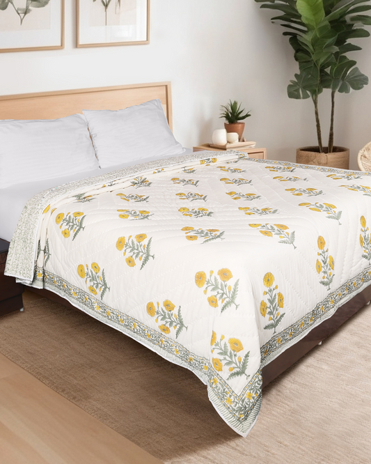 Hand Block Printed Reversible Double Bed Hand Quilting Quilt Set