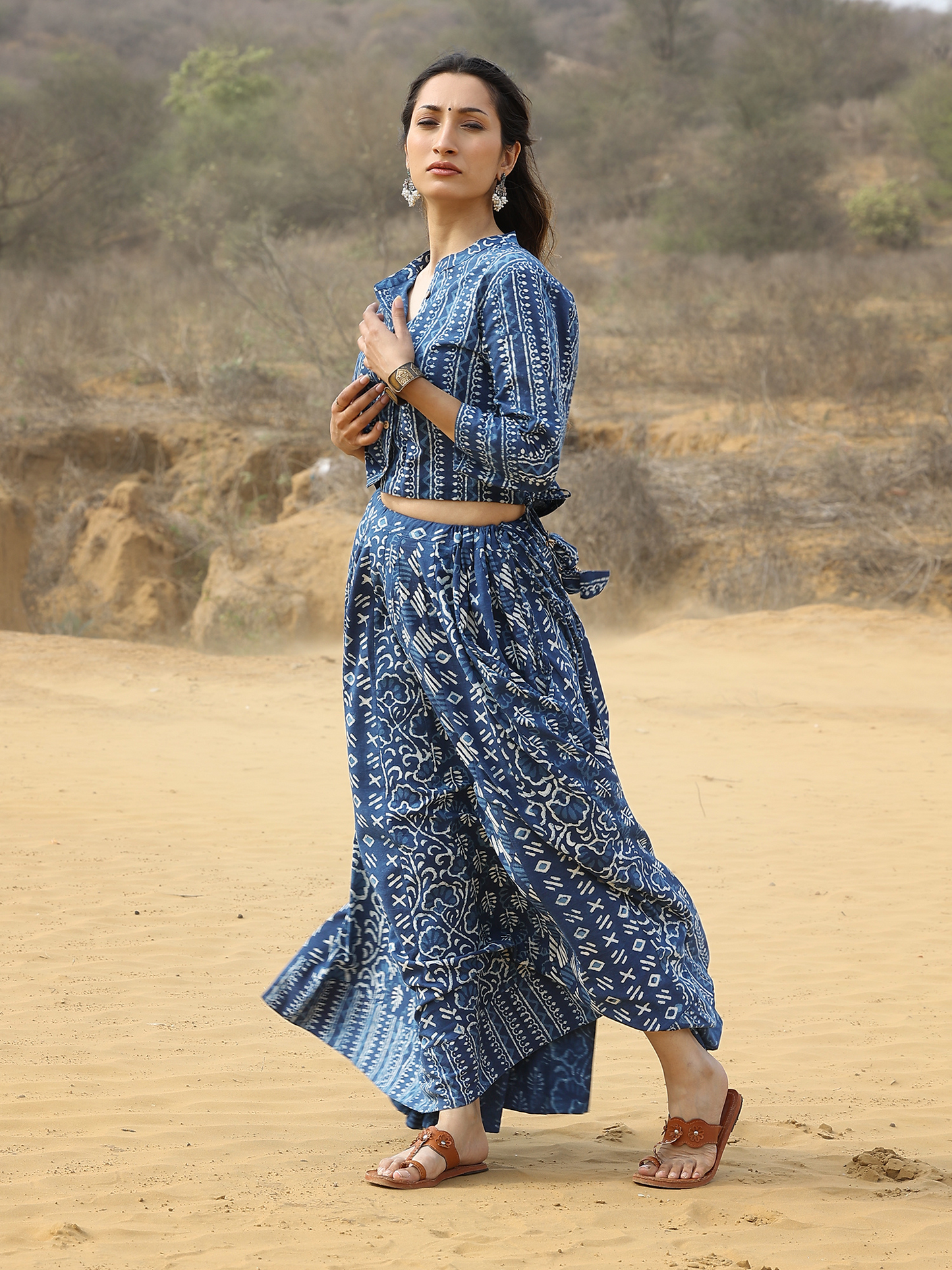 Blue Dabu Print Cotton Skirt and Top Set