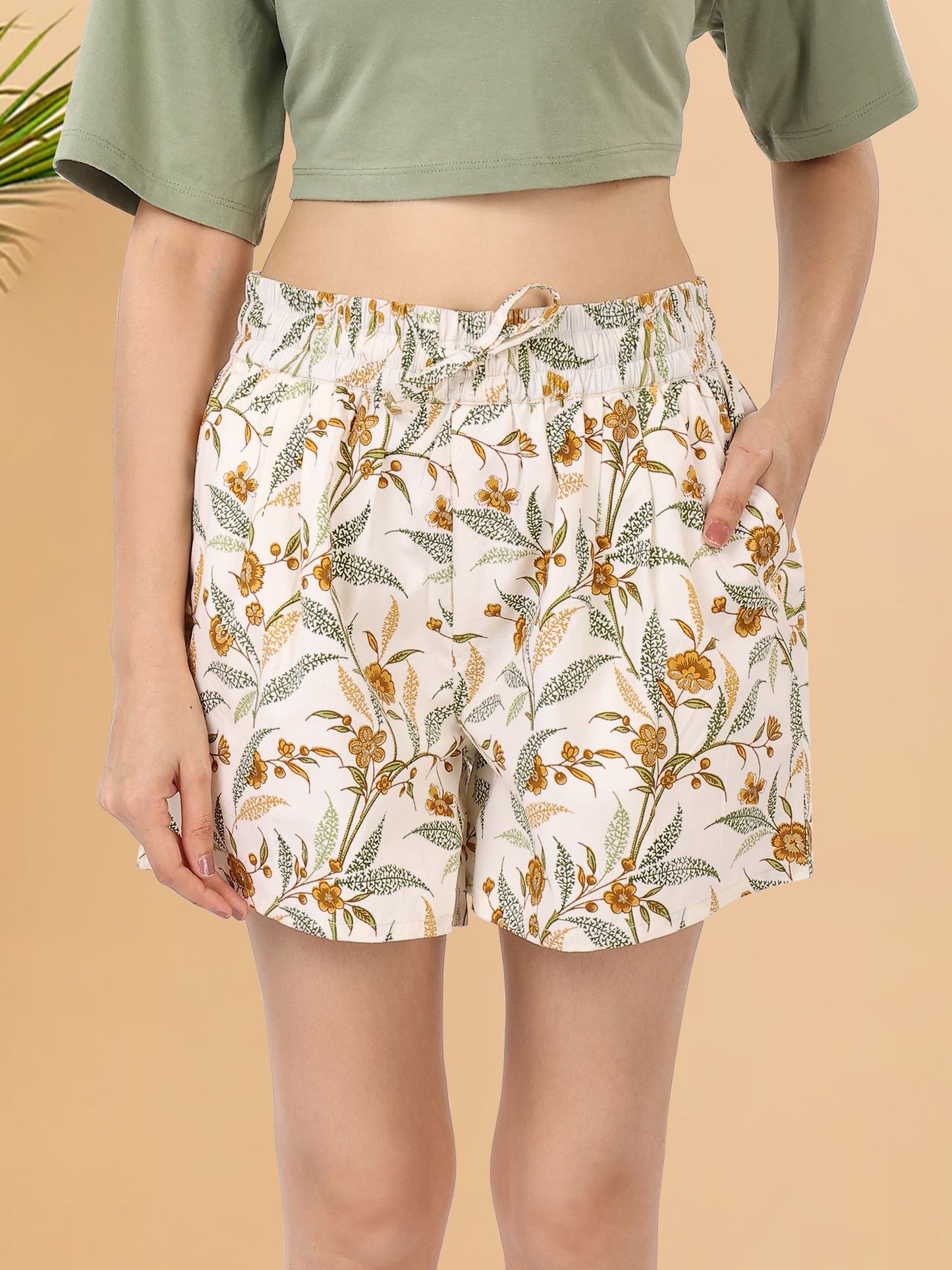 Yellow Print Cotton Shorts