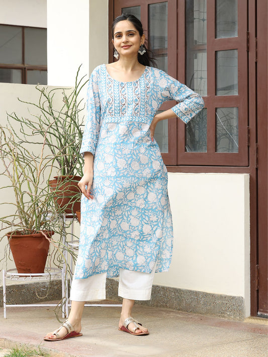 Blue Kantha HandBlocked Bagru Floral Printed Kurta