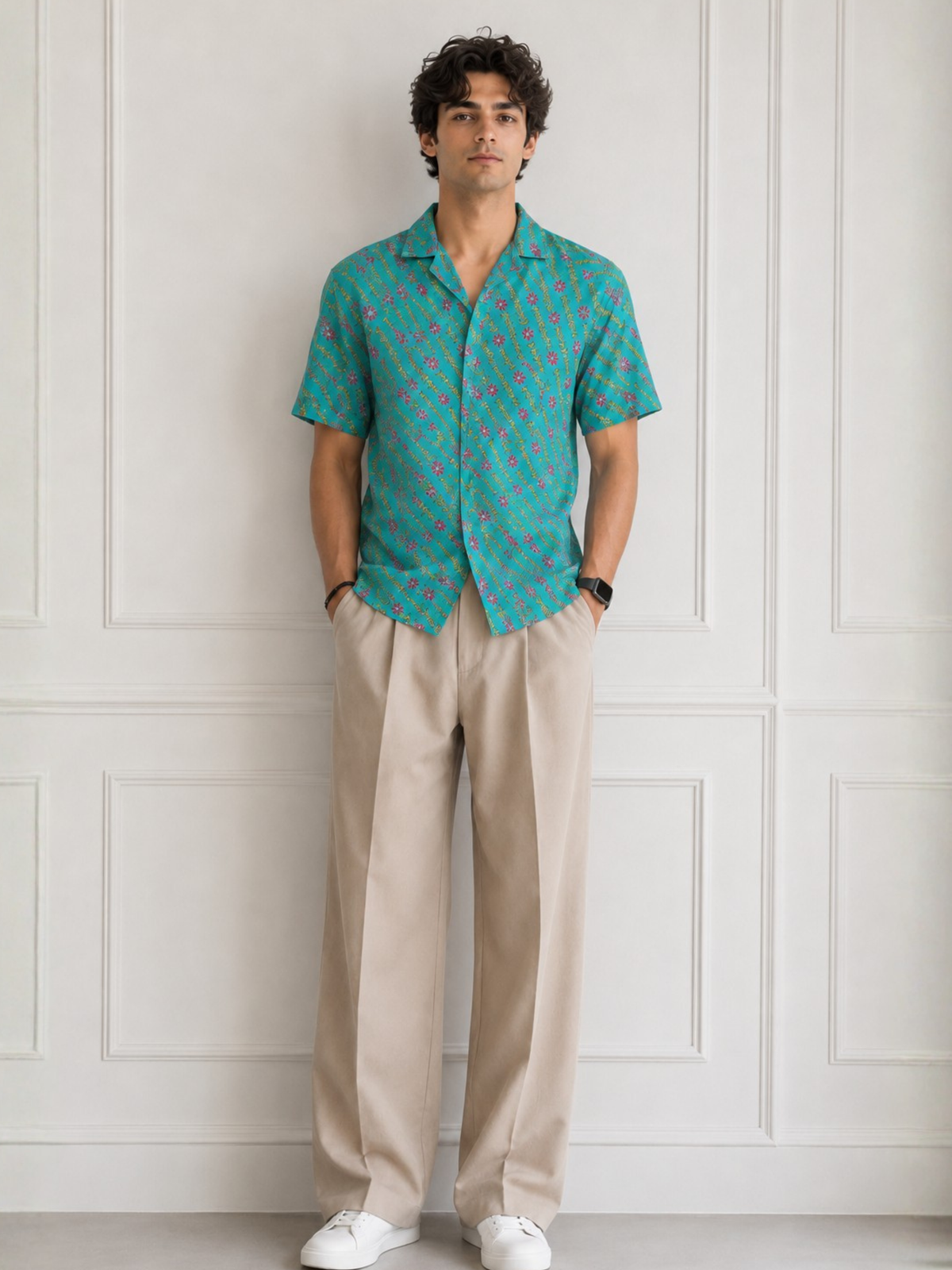Aqua blue Short Sleeve Cotton Slim Hand Block Printed Men’s Shirt