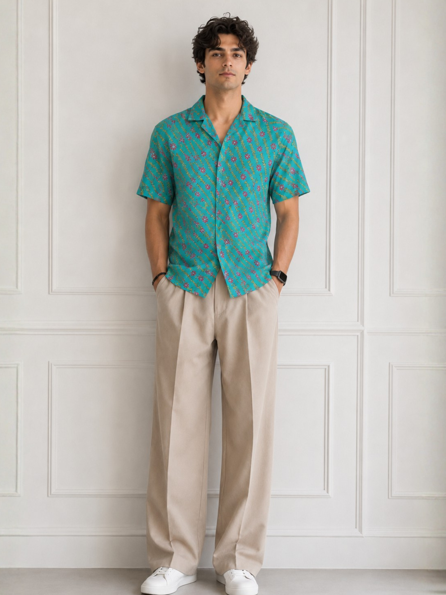Aqua blue Short Sleeve Cotton Slim Hand Block Printed Men’s Shirt