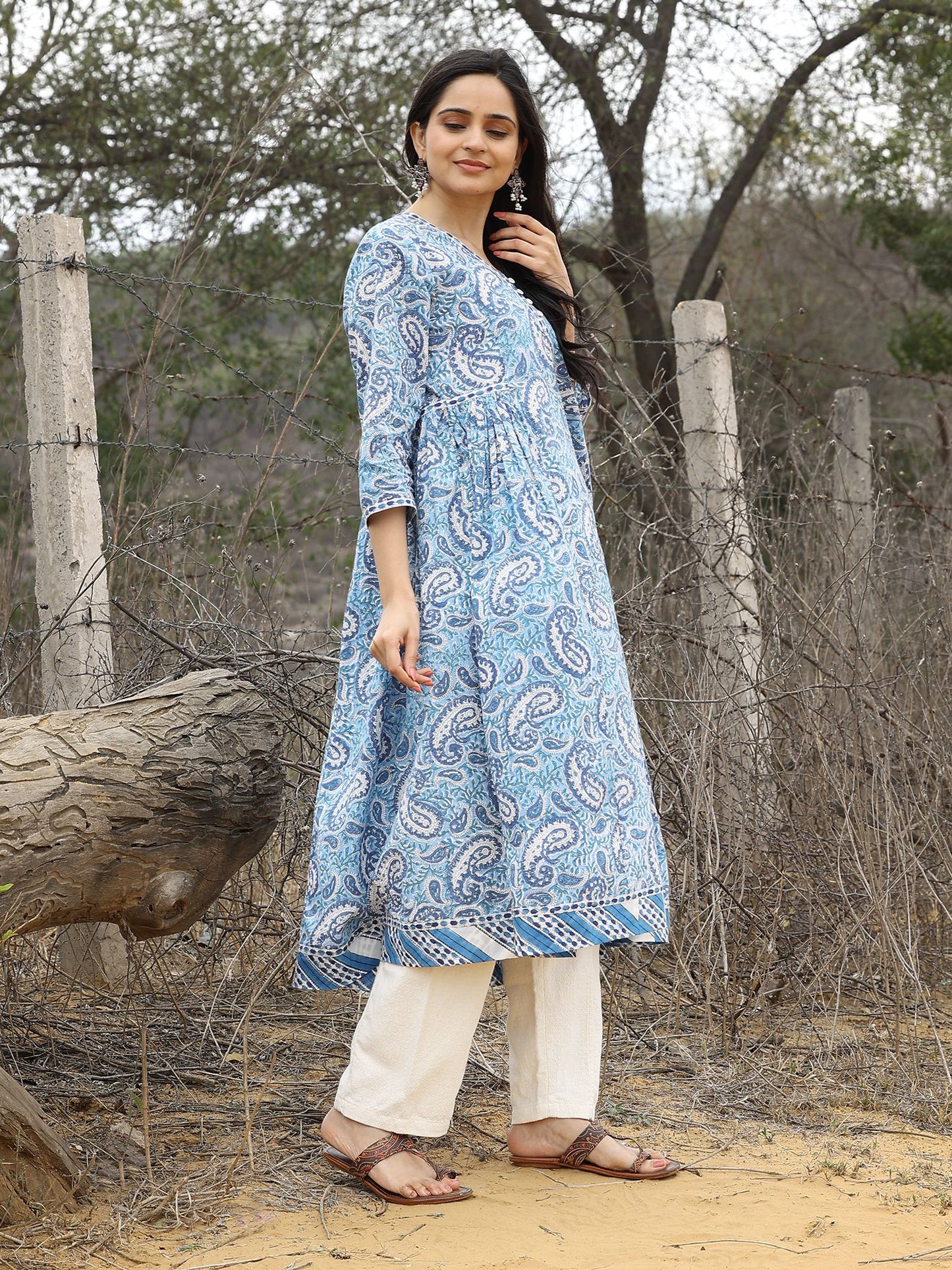 Blue Handblocked Bagru Print Anarkali Kurta