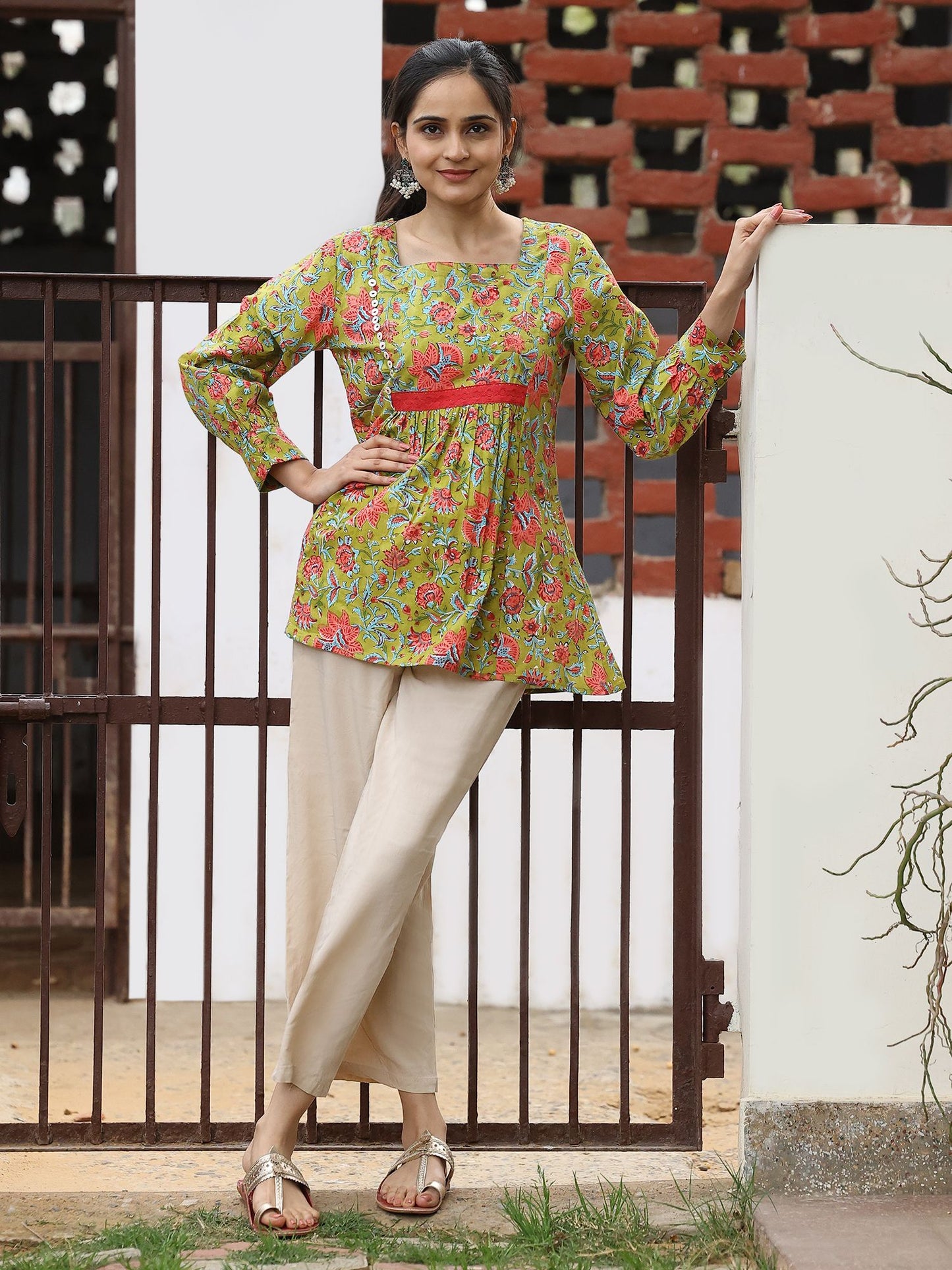 Light Green Cotton Handblocked Bagru Printed Top