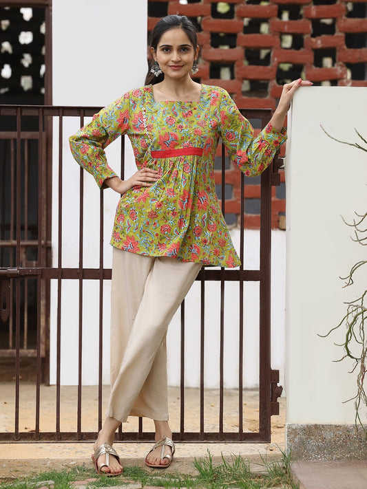 Light Green Cotton Handblocked Bagru Printed Top