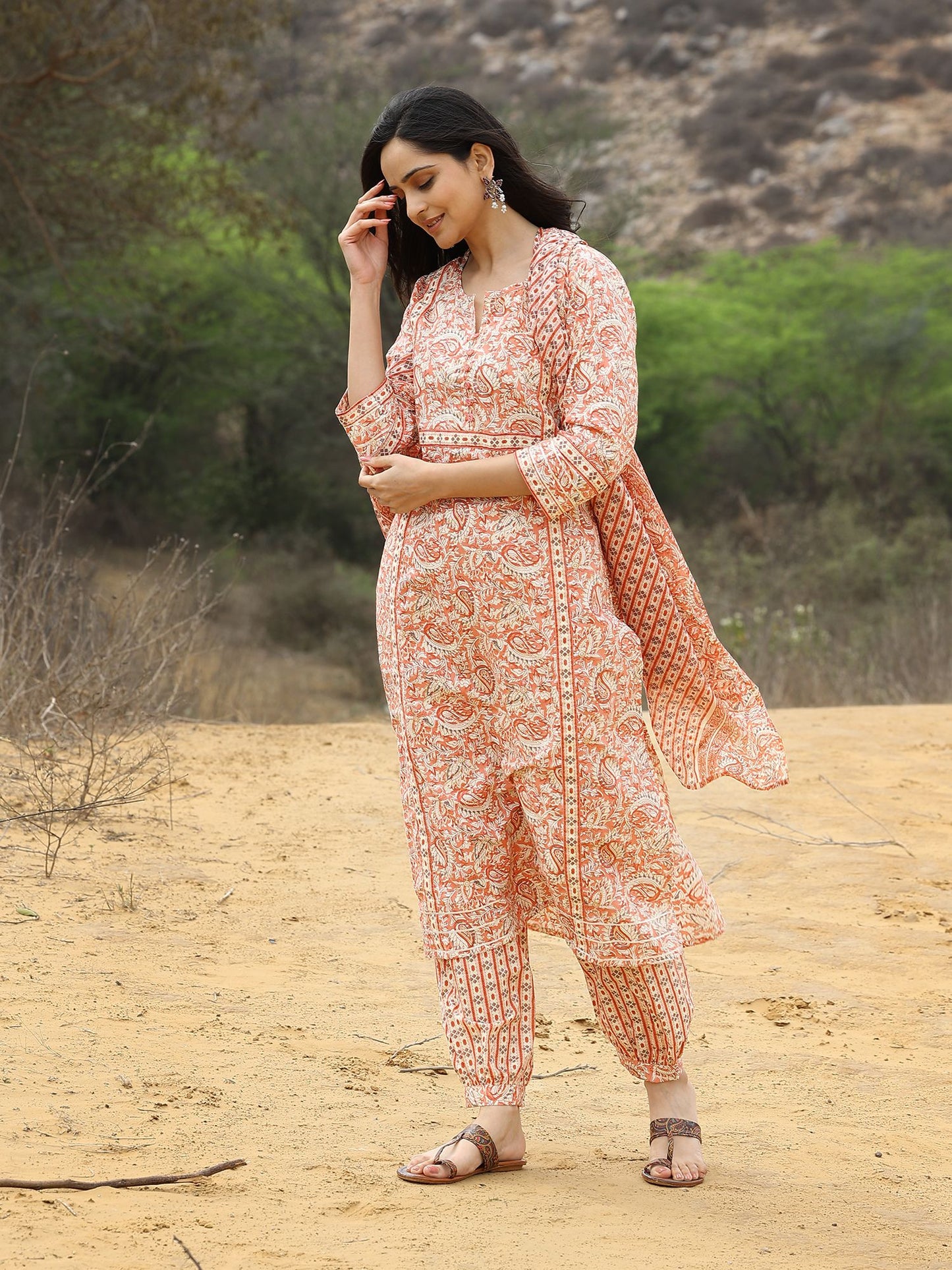 Summer Pastel Gold Print Kurta Set with Afghani Pant