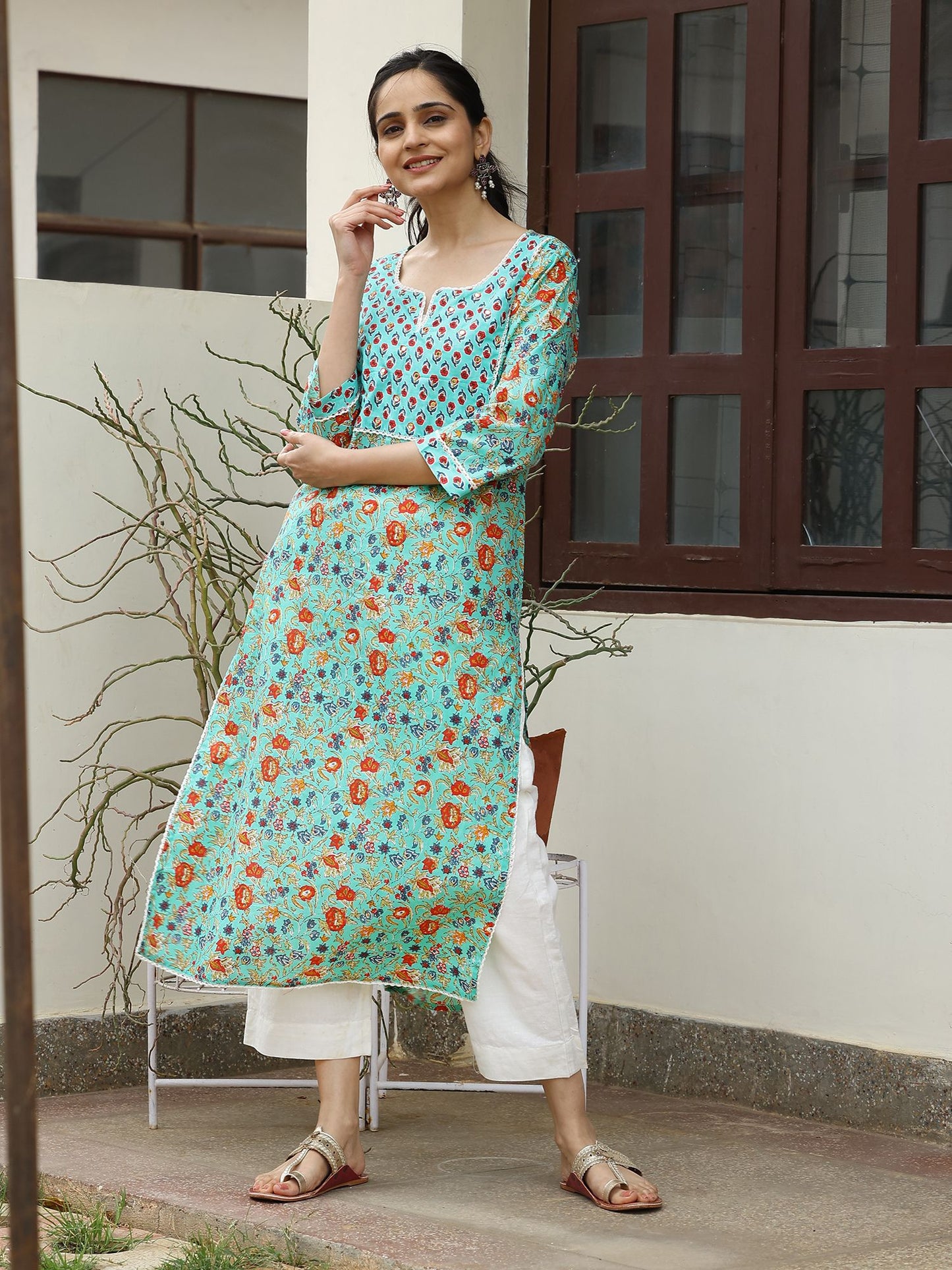 Blue Cotton Kurta with Mirror Embroidery at Yoke