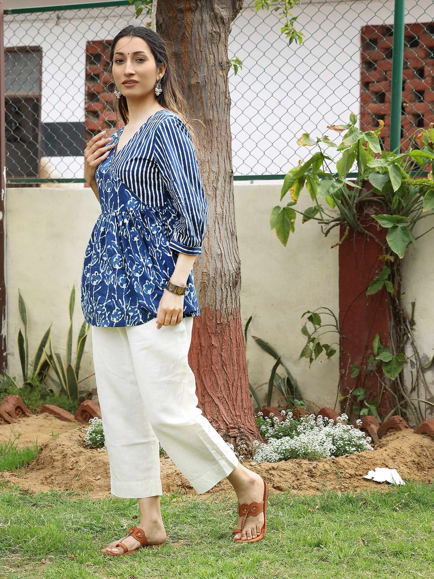 Blue Striped Handblocked Bagru Printed Cotton Angrakha Top