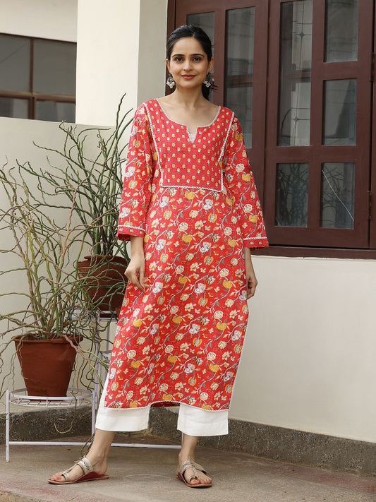 Red Cotton Kurta with Mirror Embroidery at Yoke