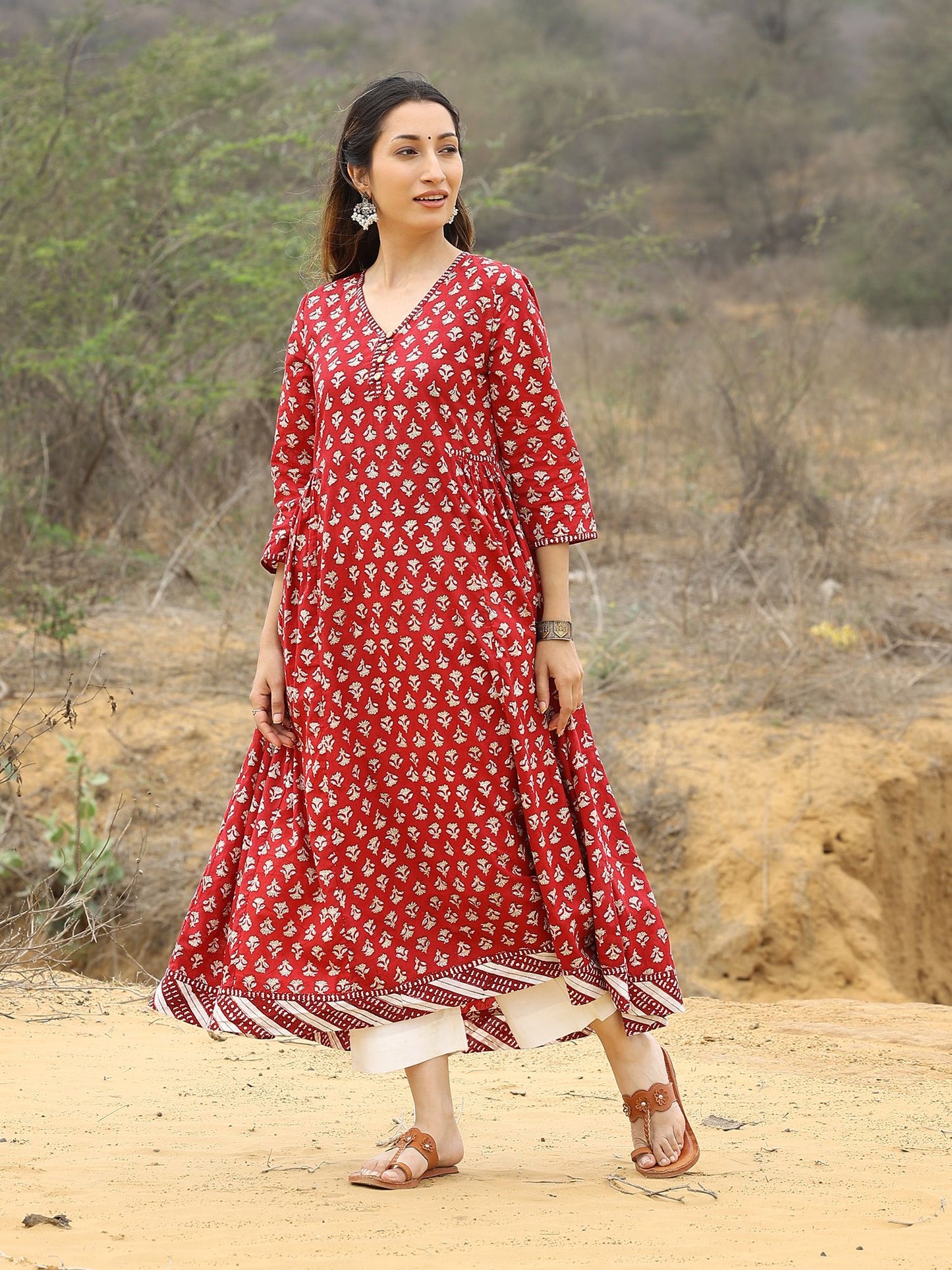 Red Handblocked Bagru Print Anarkali Kurta