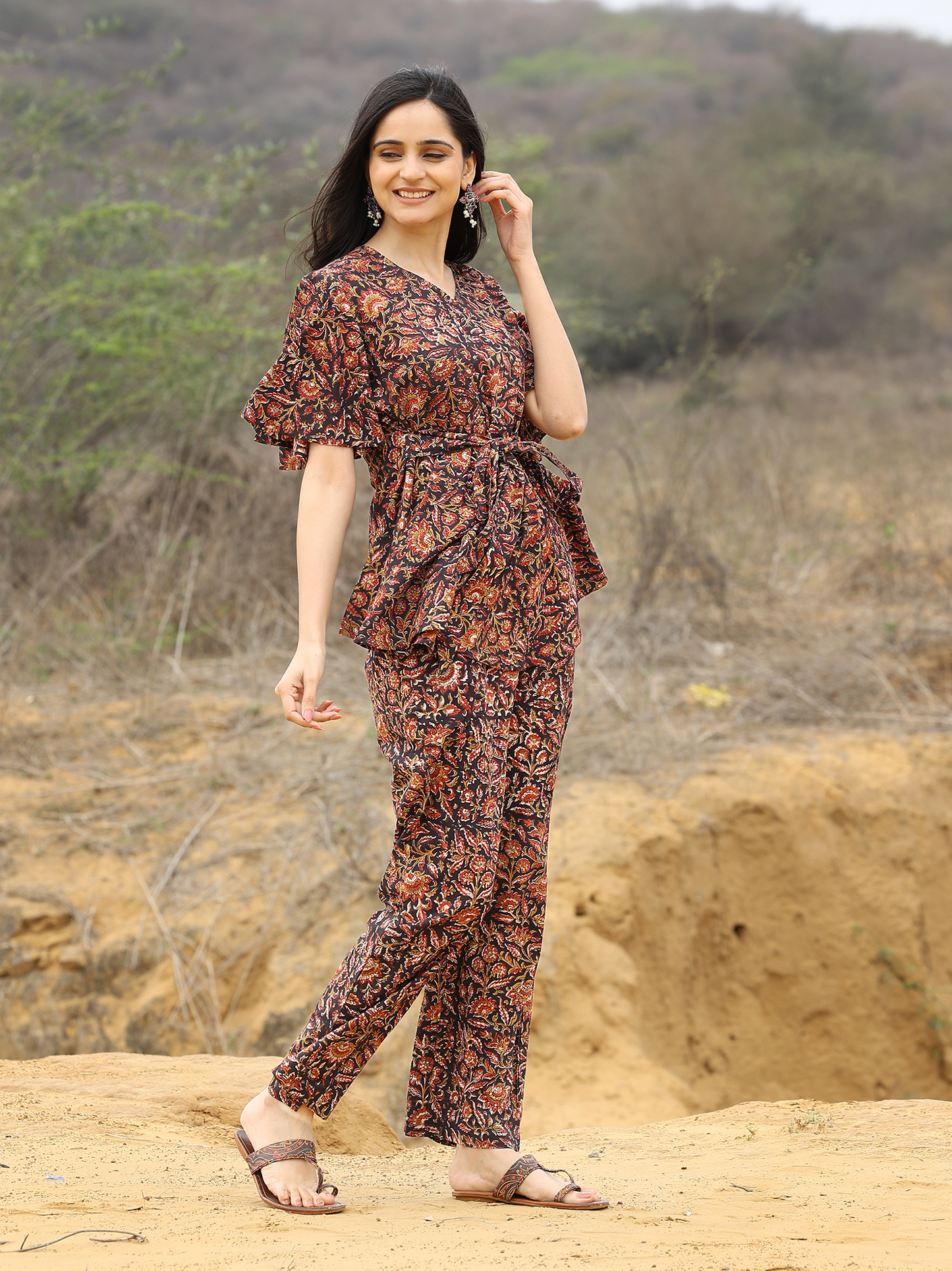 Black Kalamkari Printed Frilled Sleeve Cotton Co-ord Set