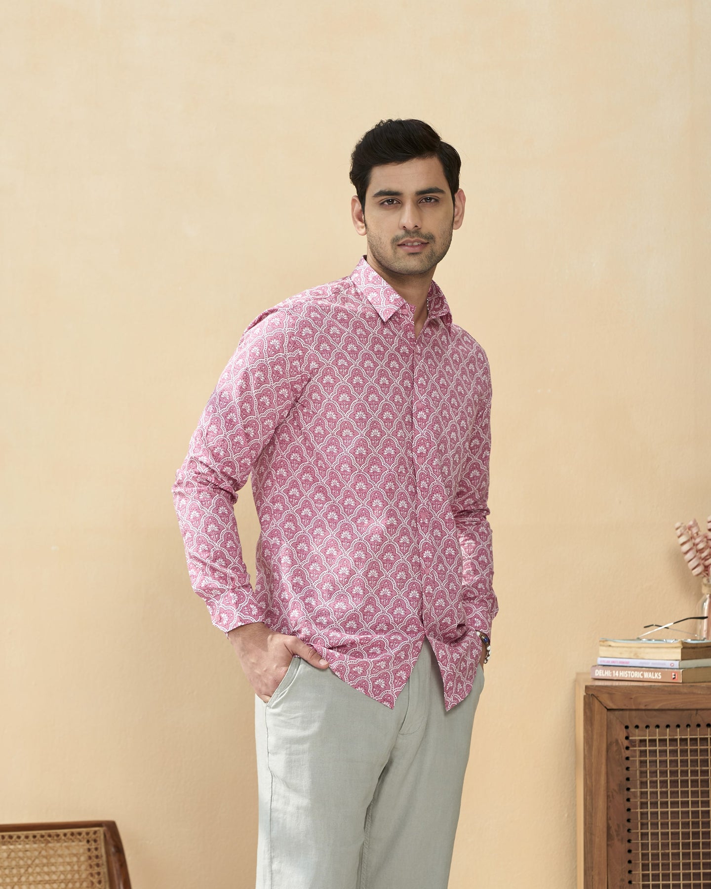 Pink Full Sleeve Cotton Hand Block Printed Men's Shirt