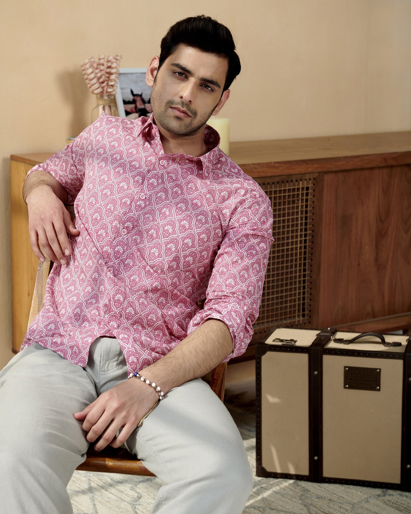 Pink Full Sleeve Cotton Hand Block Printed Men's Shirt