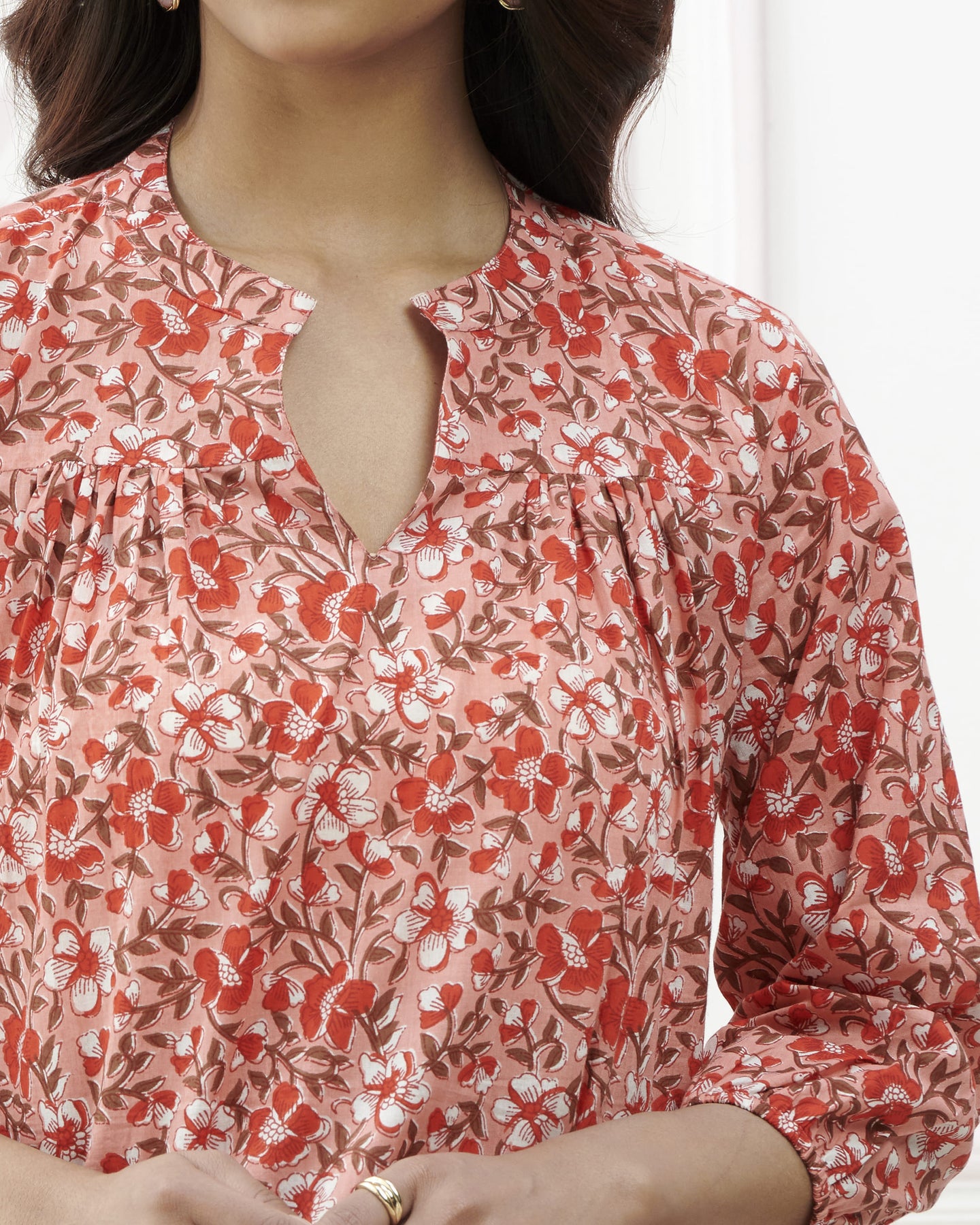 Kalamkari Printed Casual Top With Elasticated Sleeve