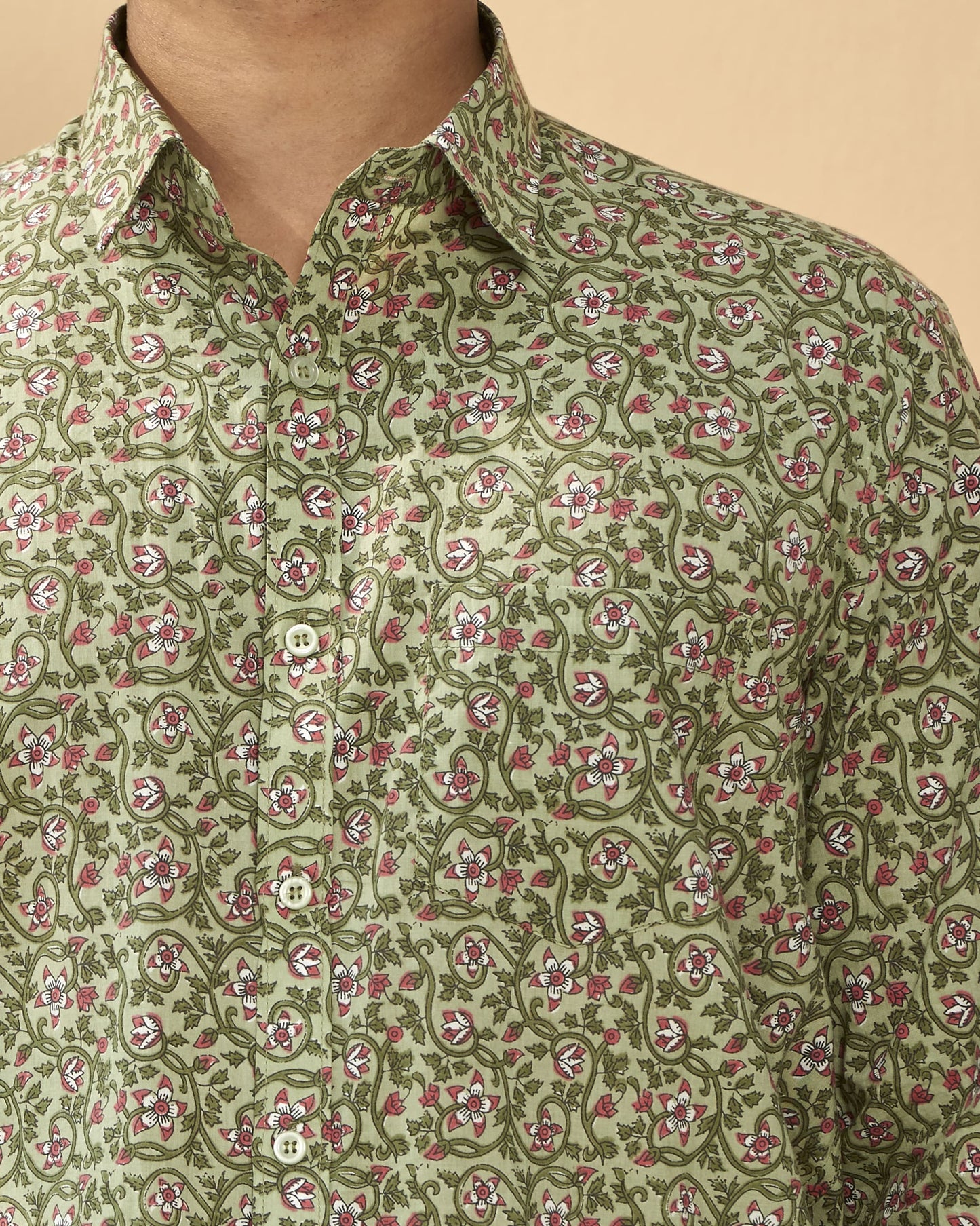 Green Cotton Handblocked Printed Shirt