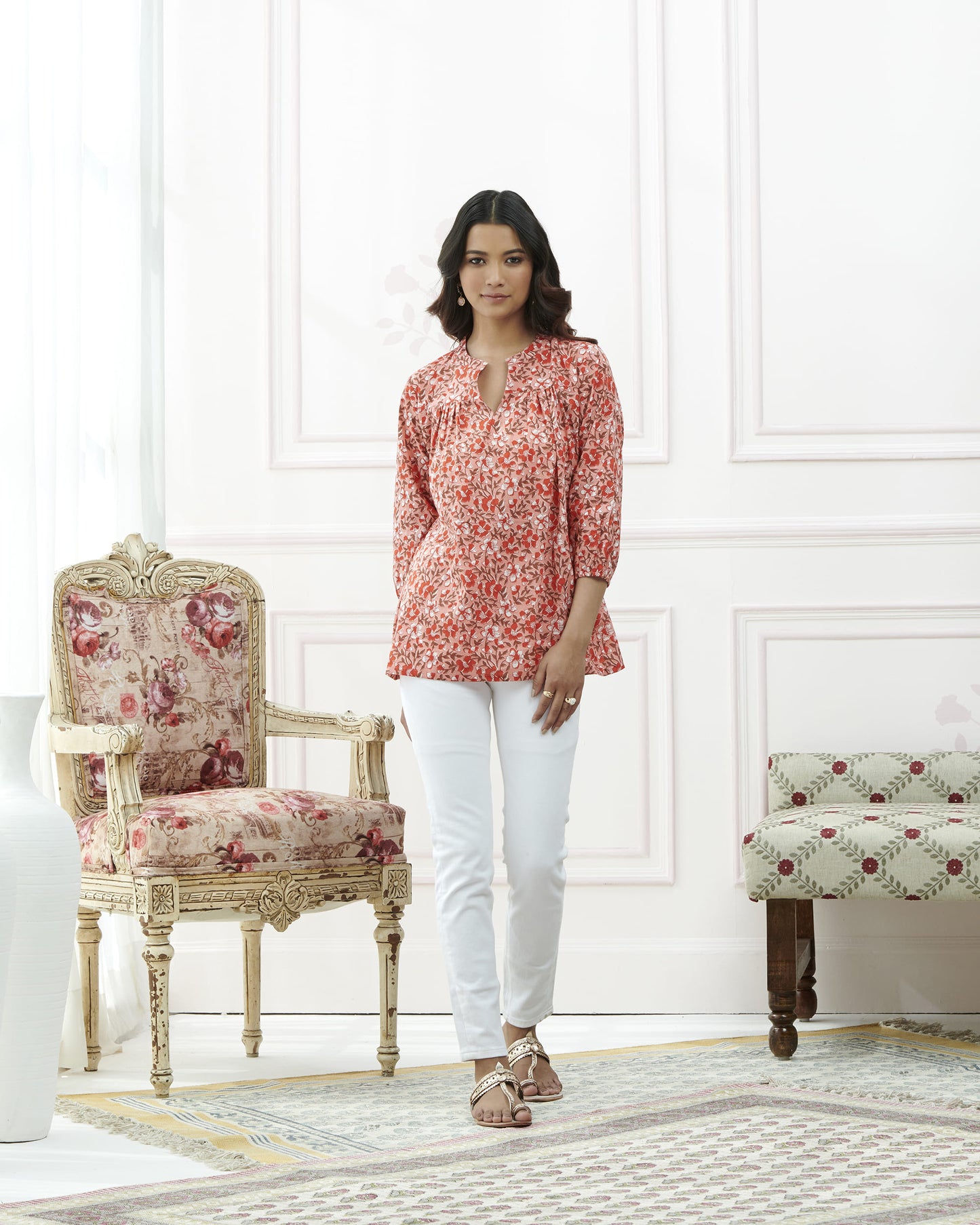 Kalamkari Printed Casual Top With Elasticated Sleeve