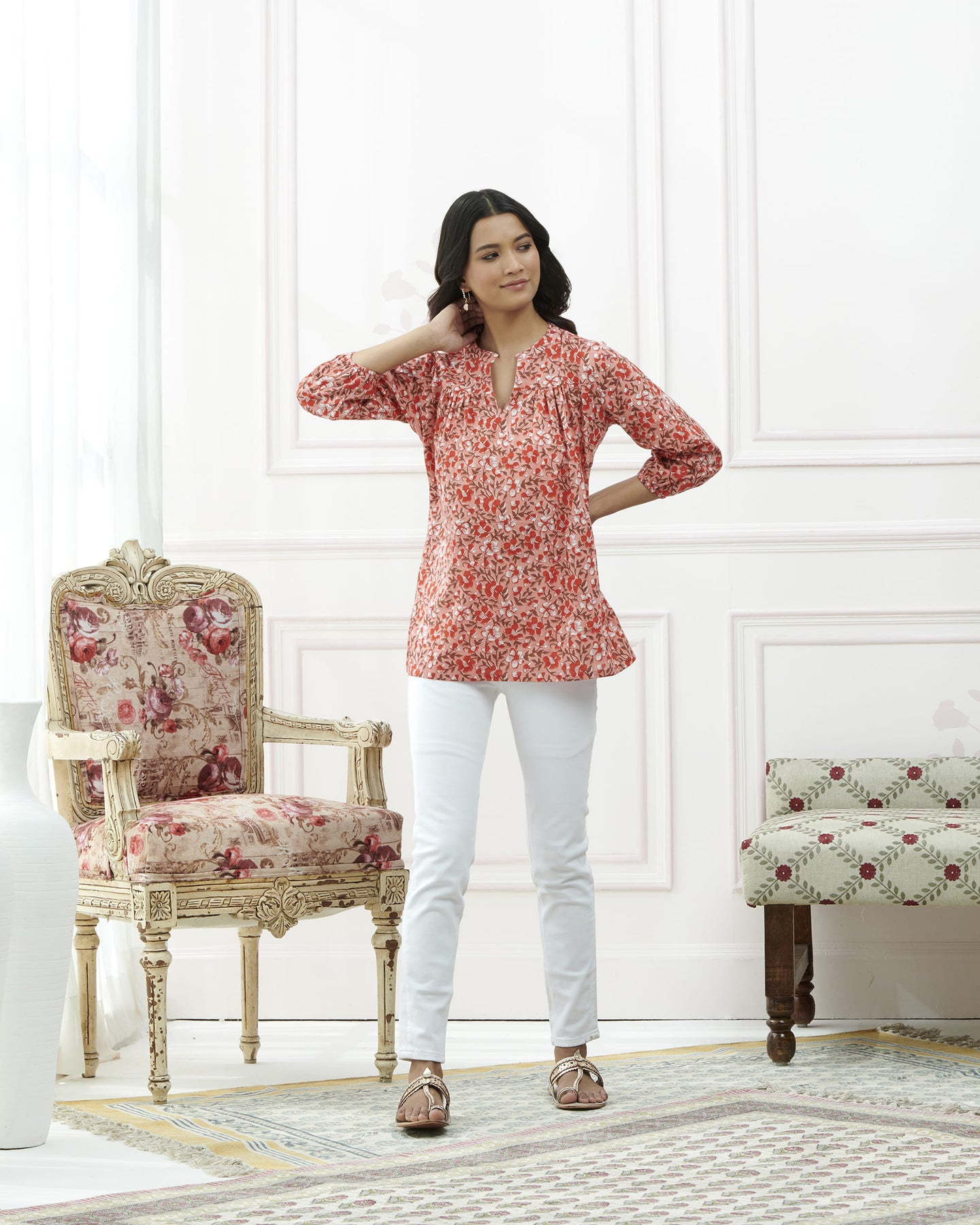 Kalamkari Printed Casual Top With Elasticated Sleeve