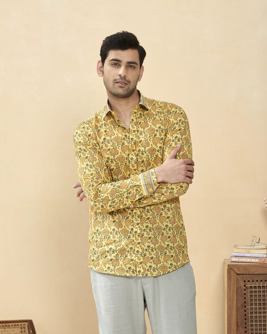 Yellow Cotton Handblocked Printed Shirt